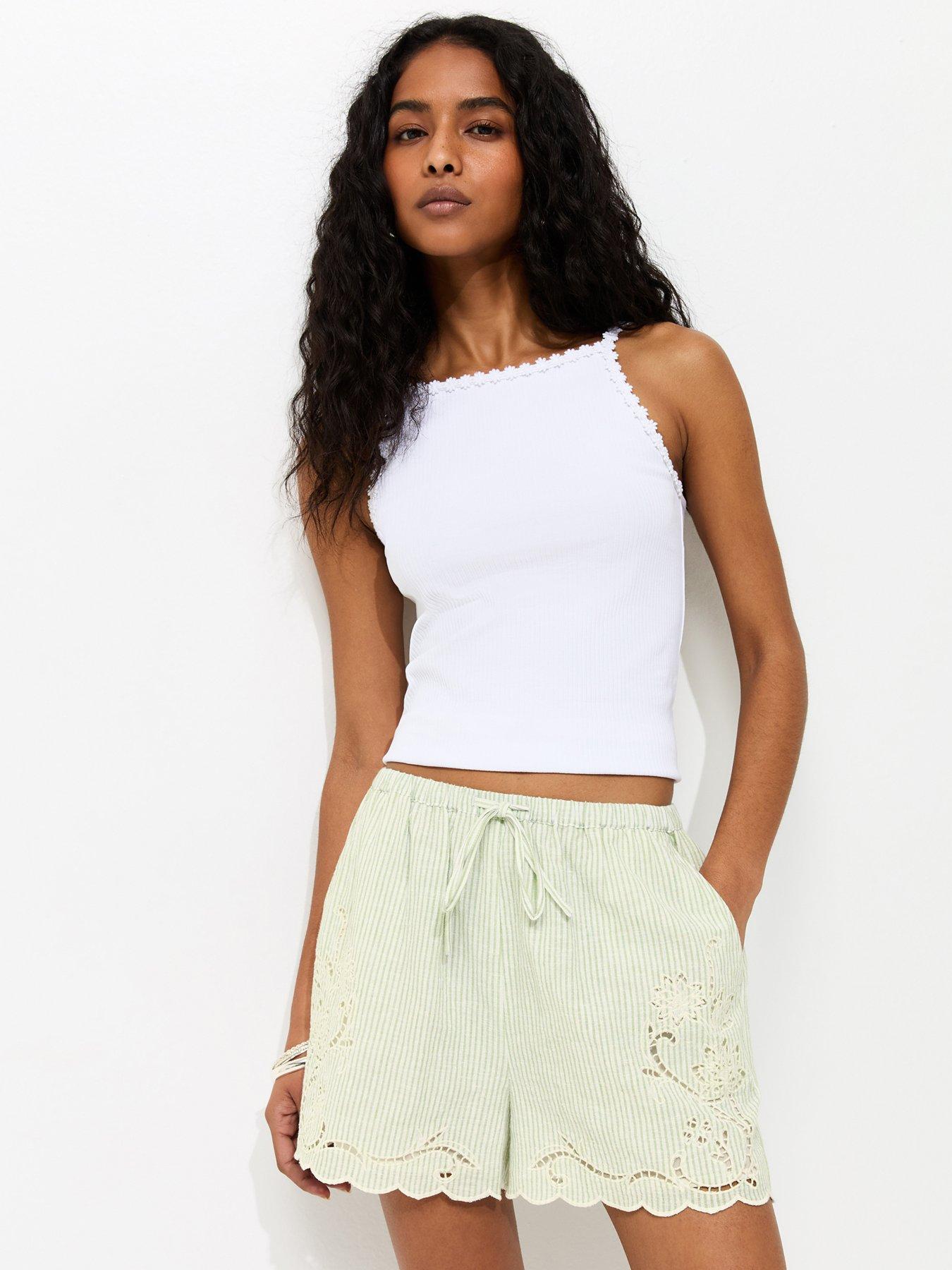 New Look Floral Insert Striped Shorts - Green