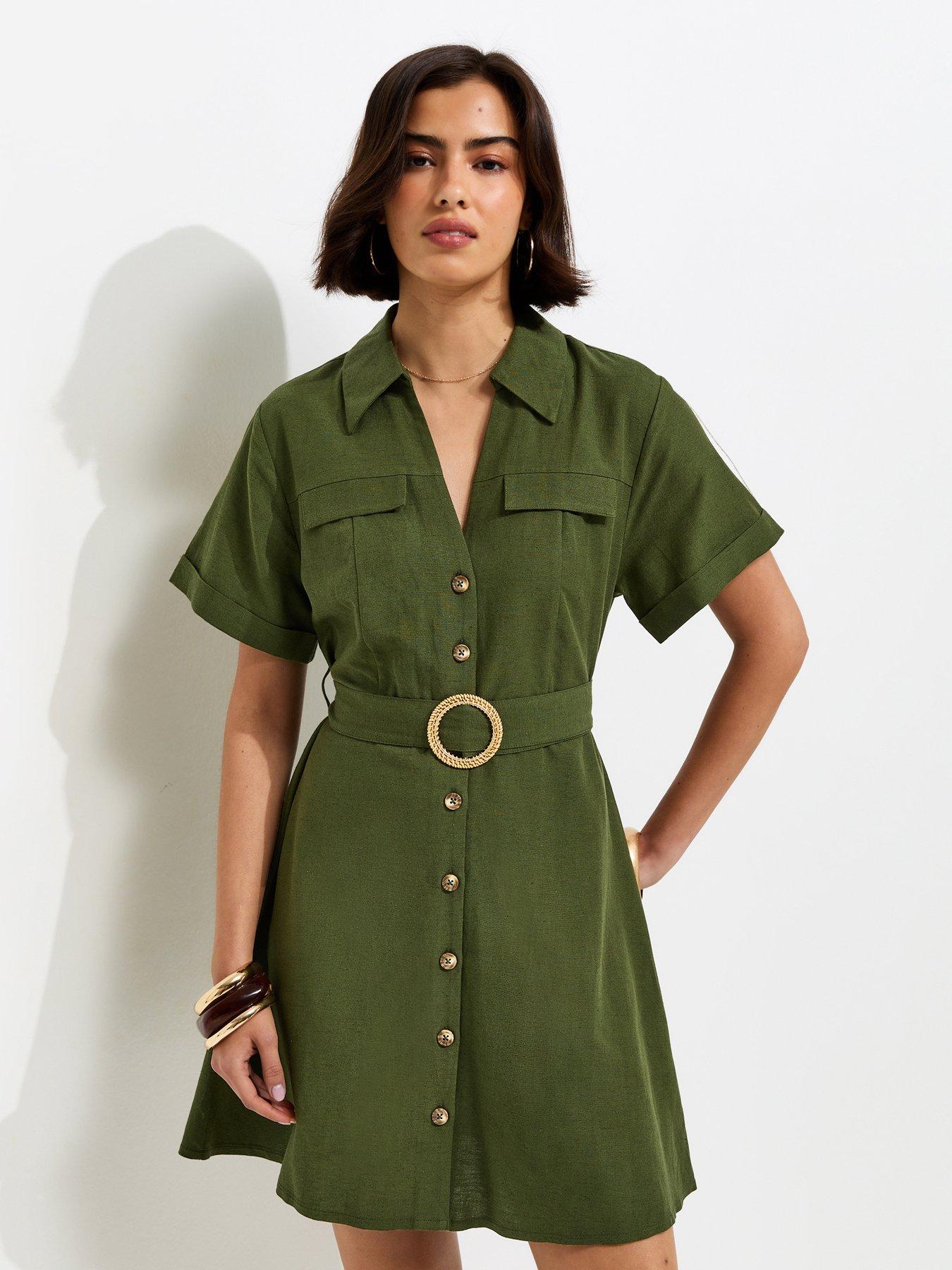 New Look Cotton Belted Mini Shirt Dress - Khaki