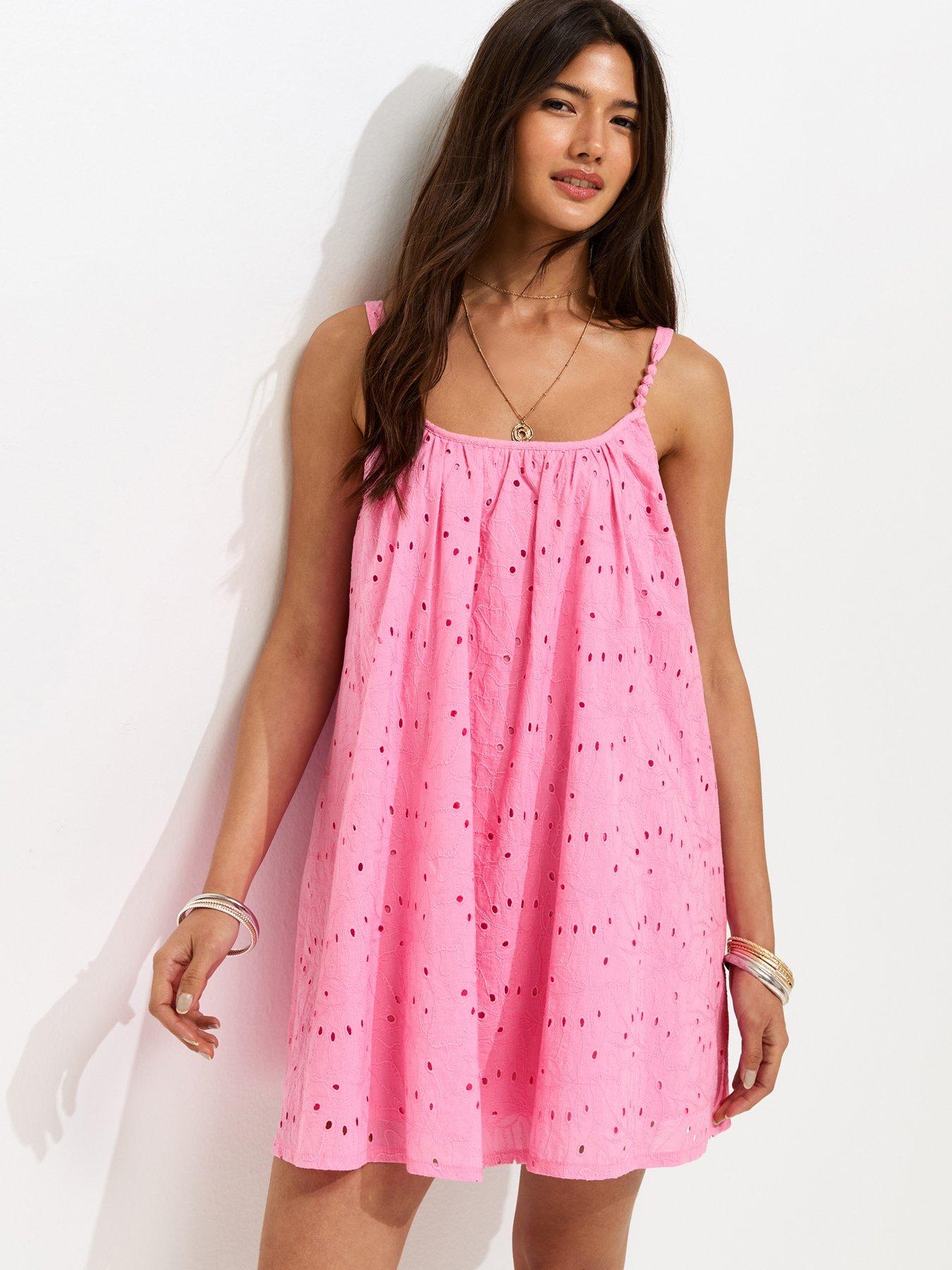 Image 1 of 5 of New Look Cotton Broderie Anglaise Beaded Smock Mini Dress - Pink