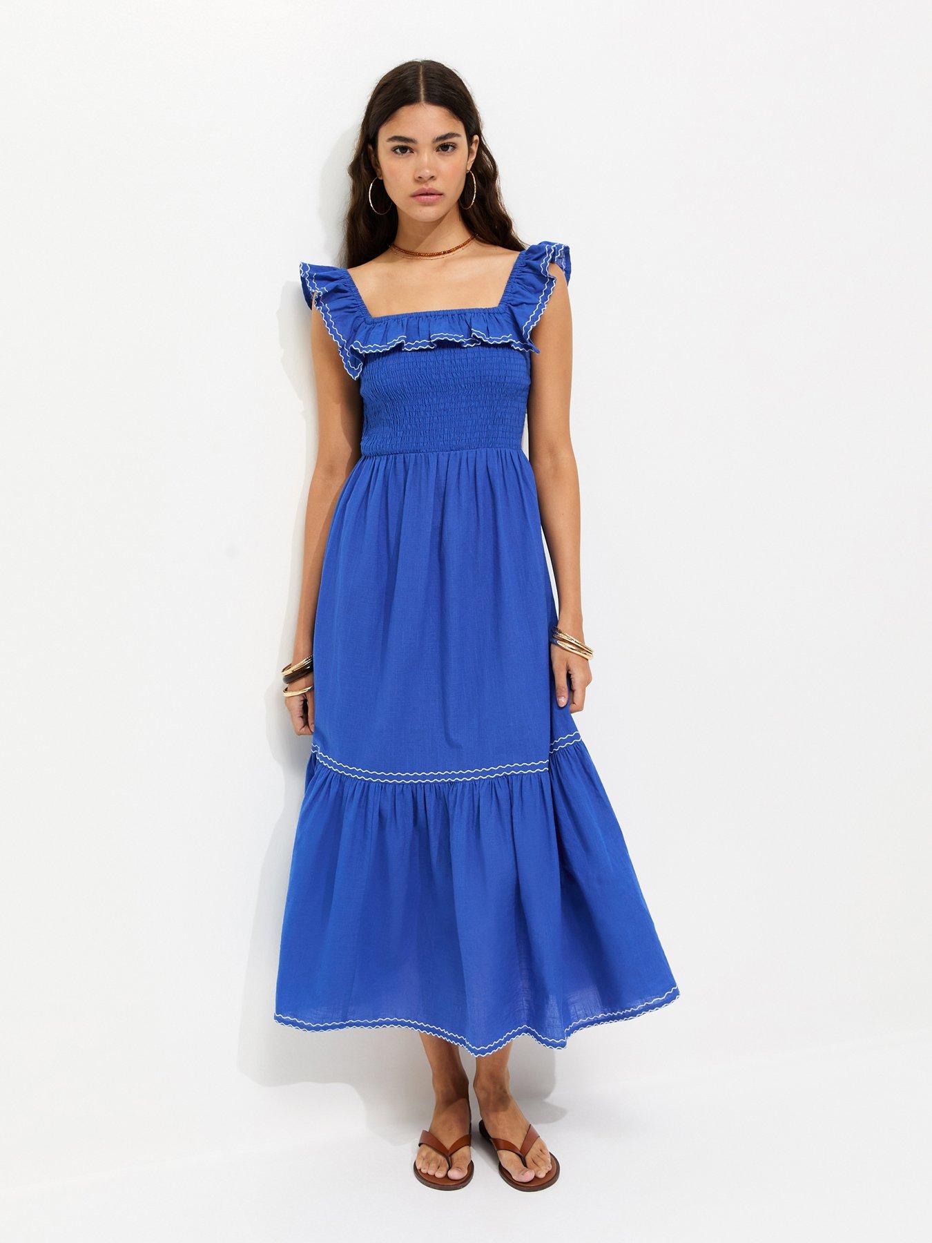 New Look Cotton Embroidered Ruffle Trim Midi Dress - Blue