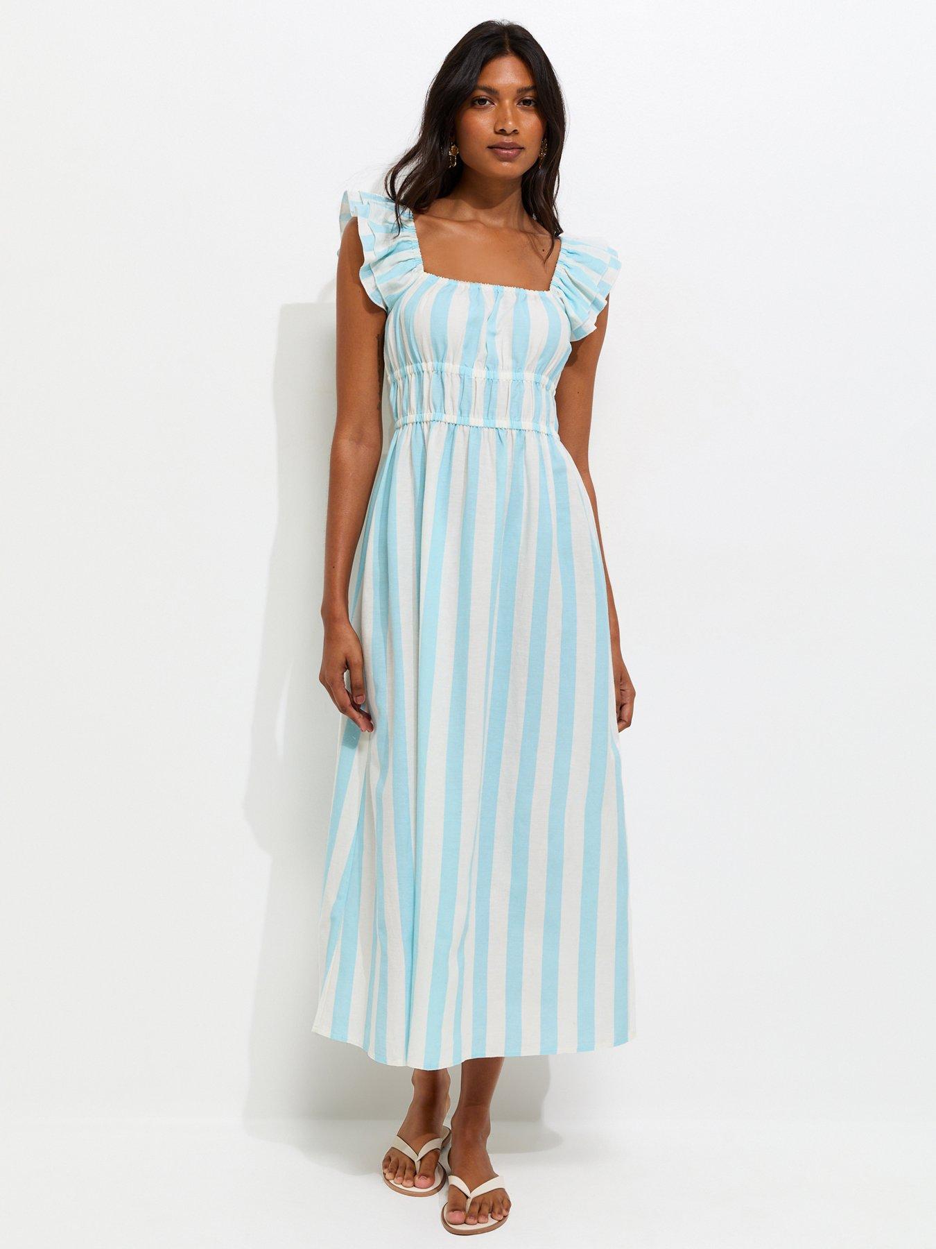New Look Striped Shirred Waist Frill Sleeve Midi Dress - Blue