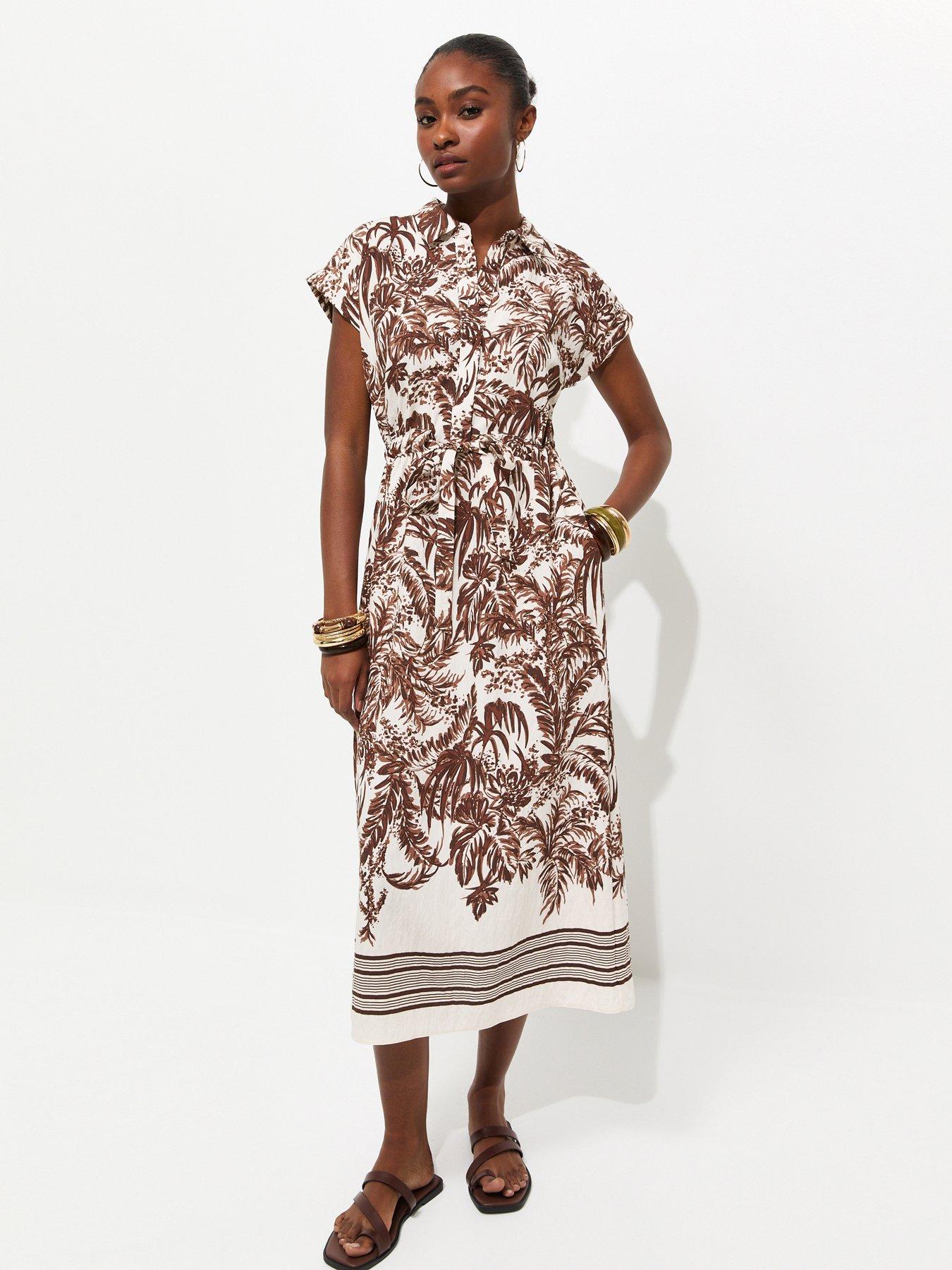 New Look Palm Print Short Sleeve Midi Shirt Dress - Brown