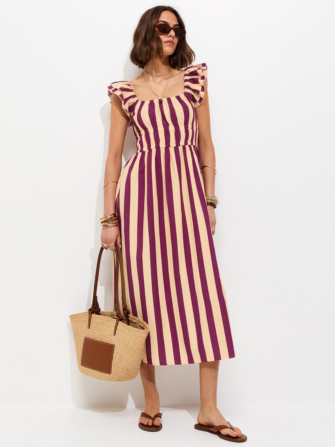 New Look Striped Shirred Frill Midi Dress - Pink