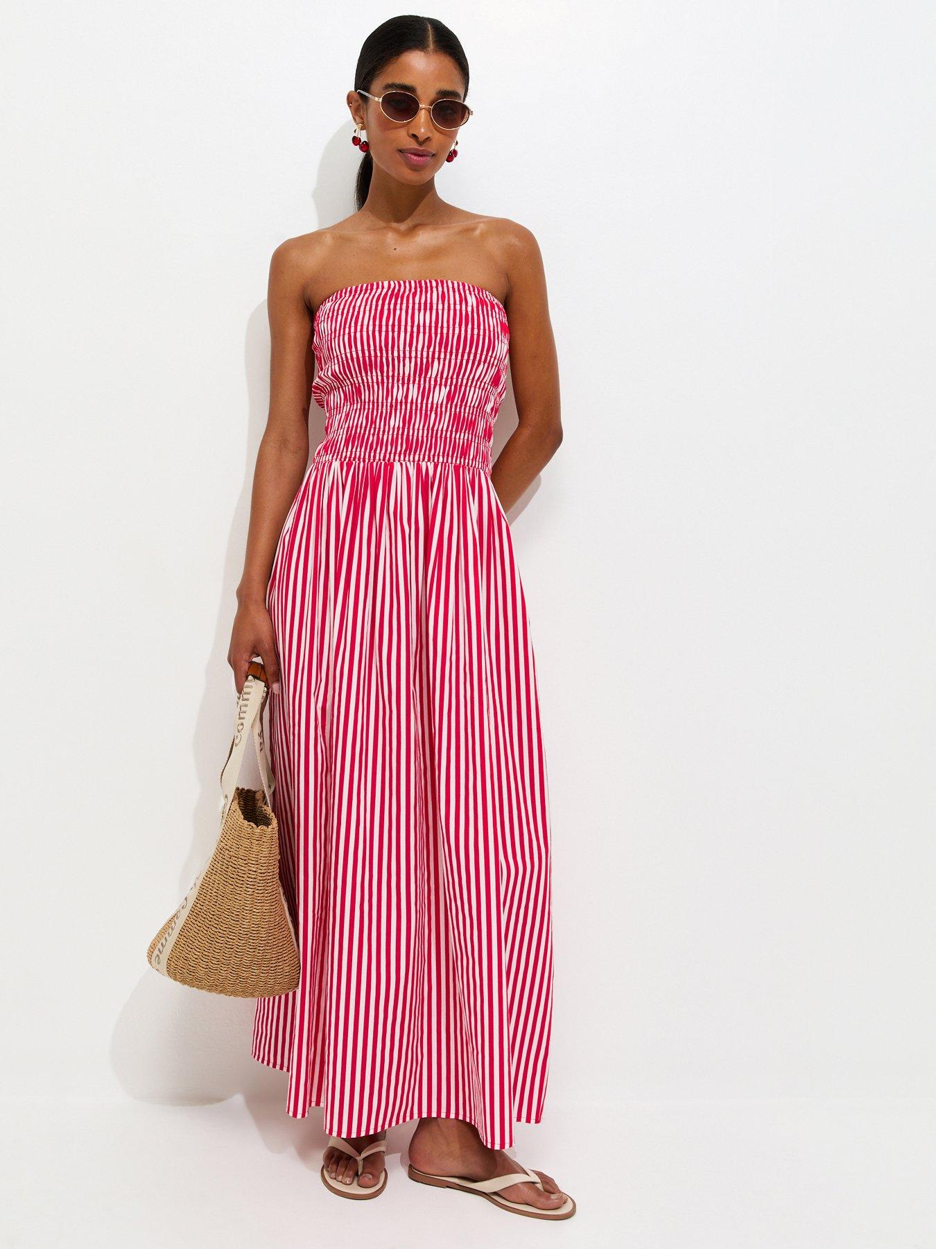 New Look Striped Shirred Bandeau Maxi Dress - Red
