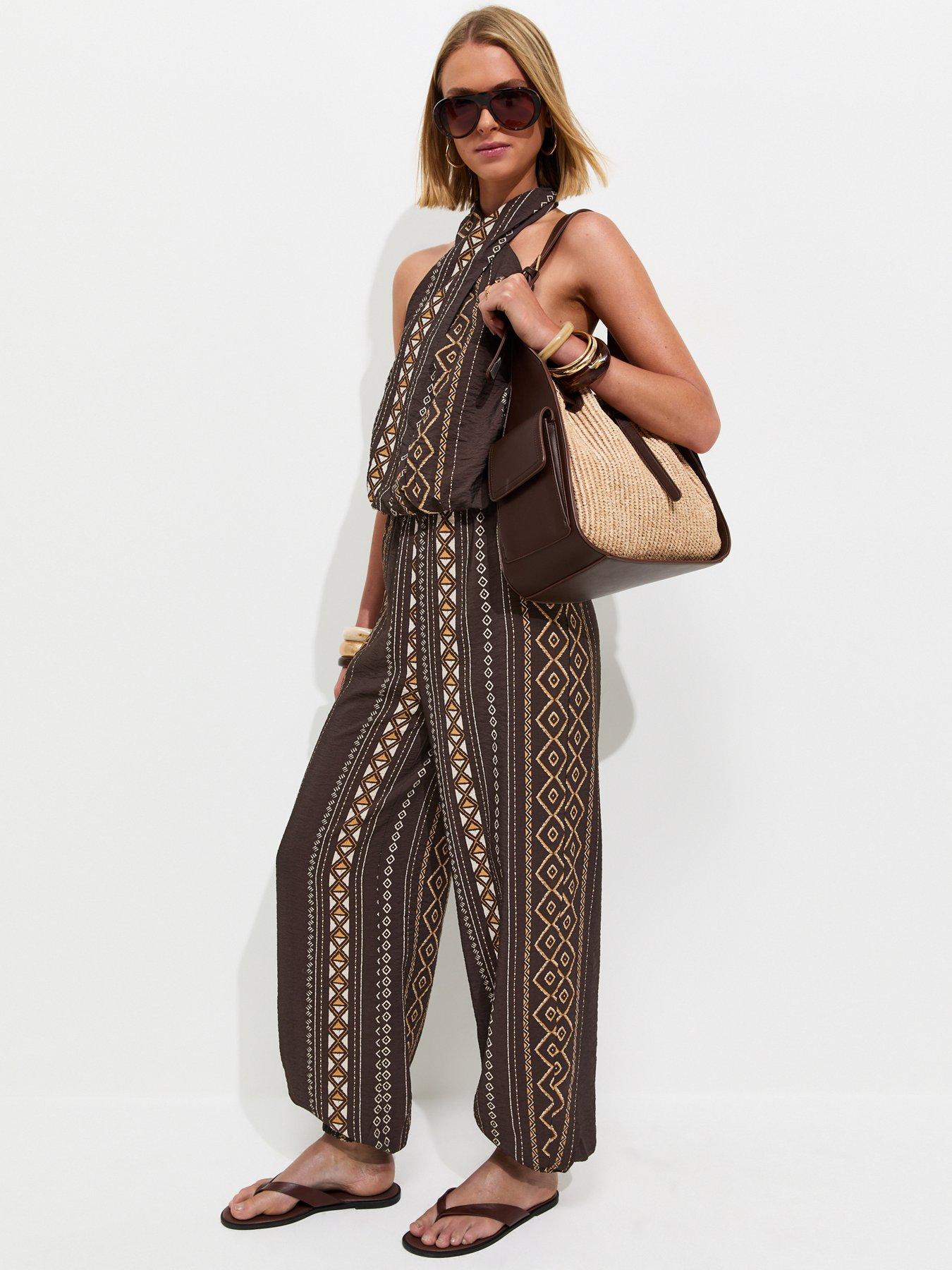 Image 1 of 5 of New Look Diamond Pattern Halter Jumpsuit - Brown