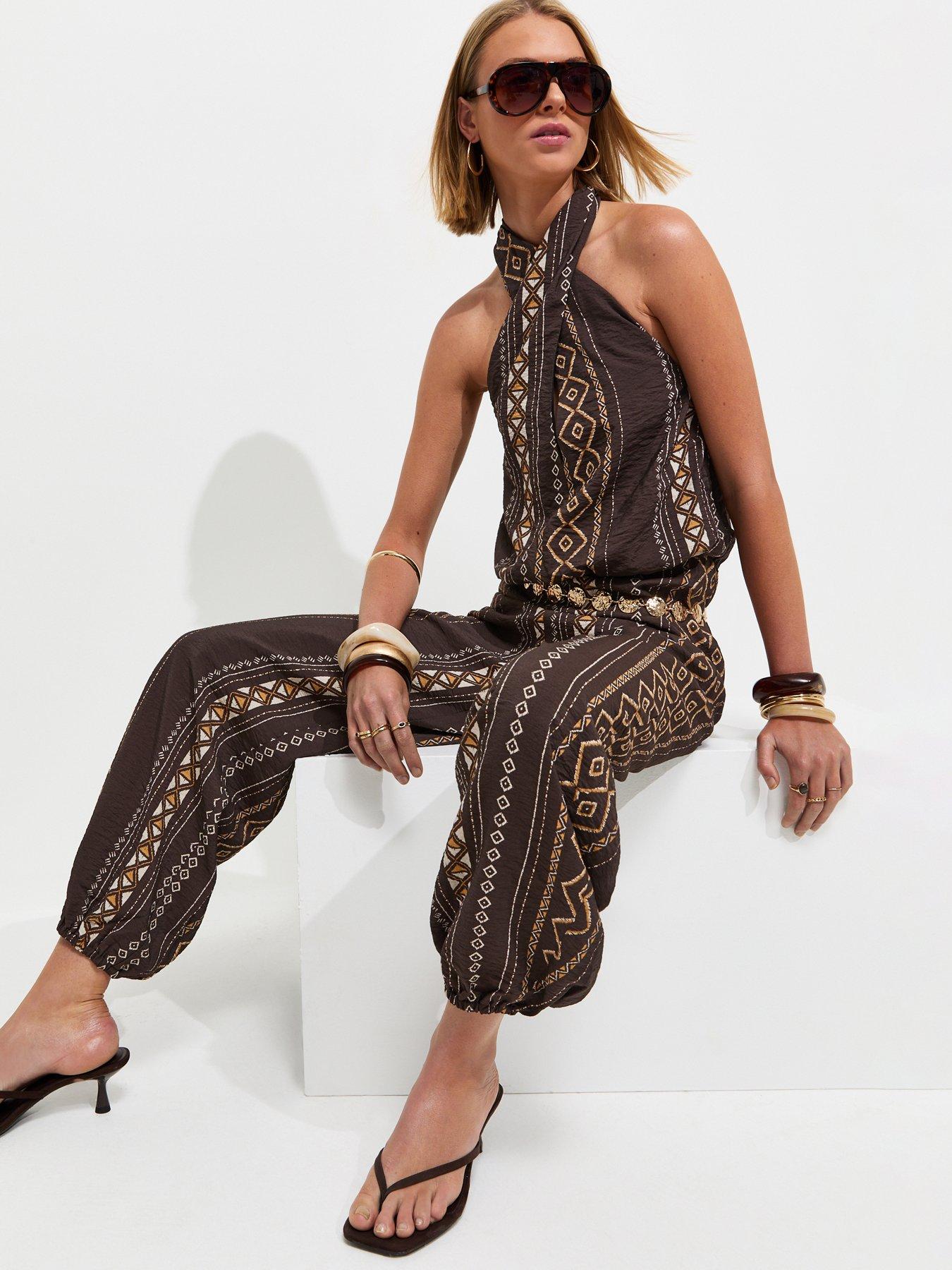 Image 3 of 5 of New Look Diamond Pattern Halter Jumpsuit - Brown