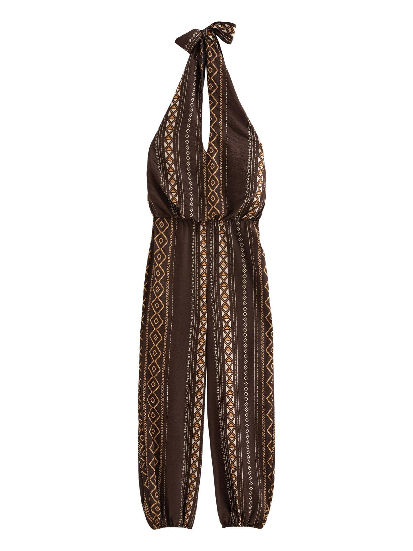 Image 5 of 5 of New Look Diamond Pattern Halter Jumpsuit - Brown