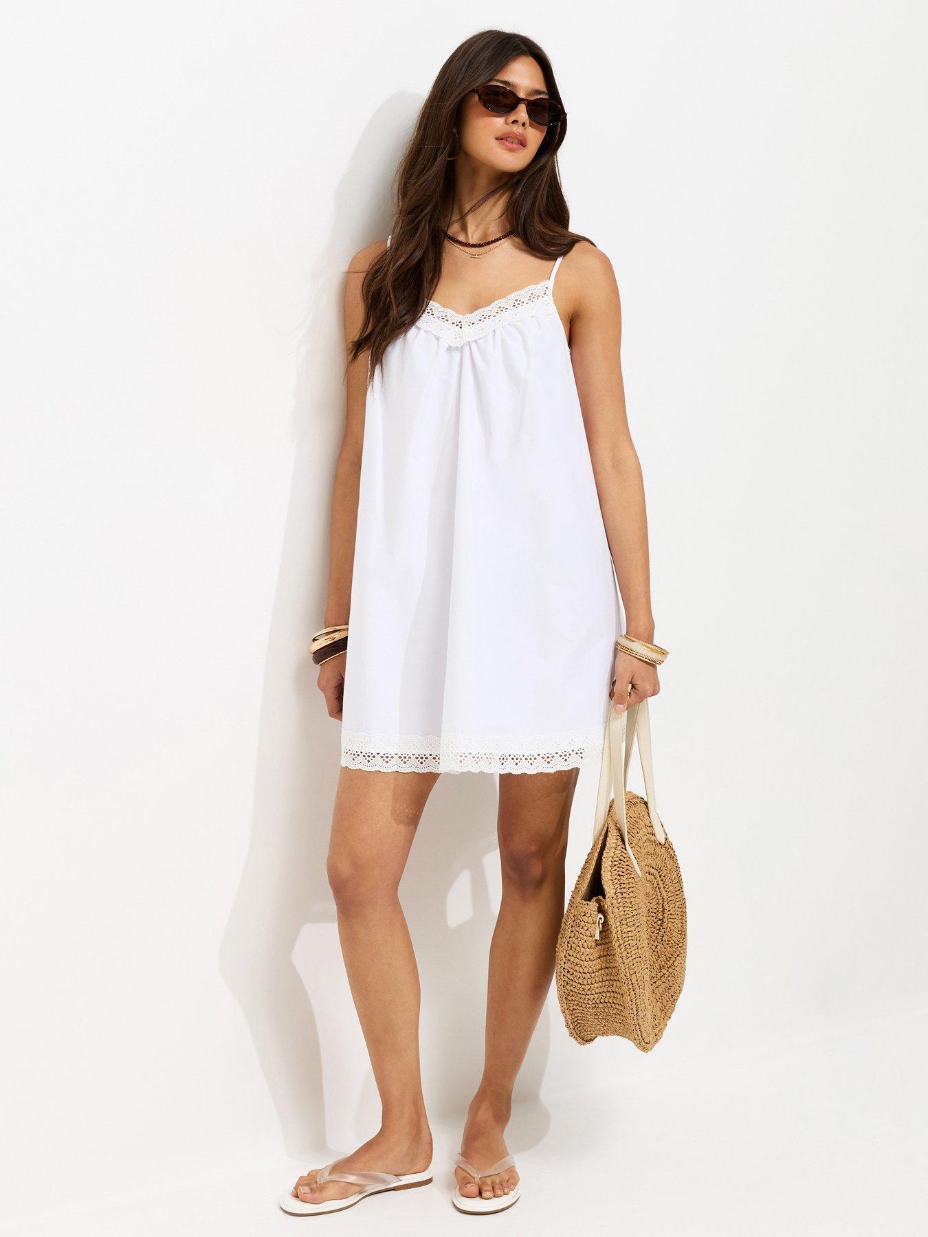 New Look Cotton Rich Lace Trim Strappy Smock Mini Dress - White