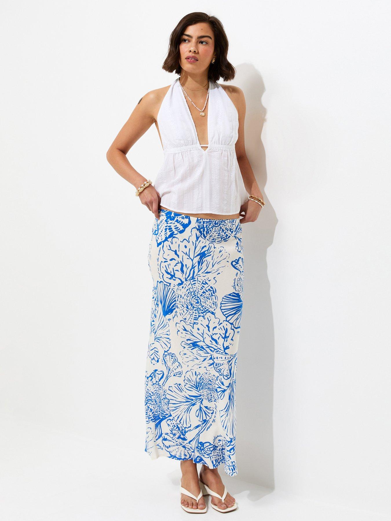 New Look Blue Shell Print Bias Cut Midi Skirt - White
