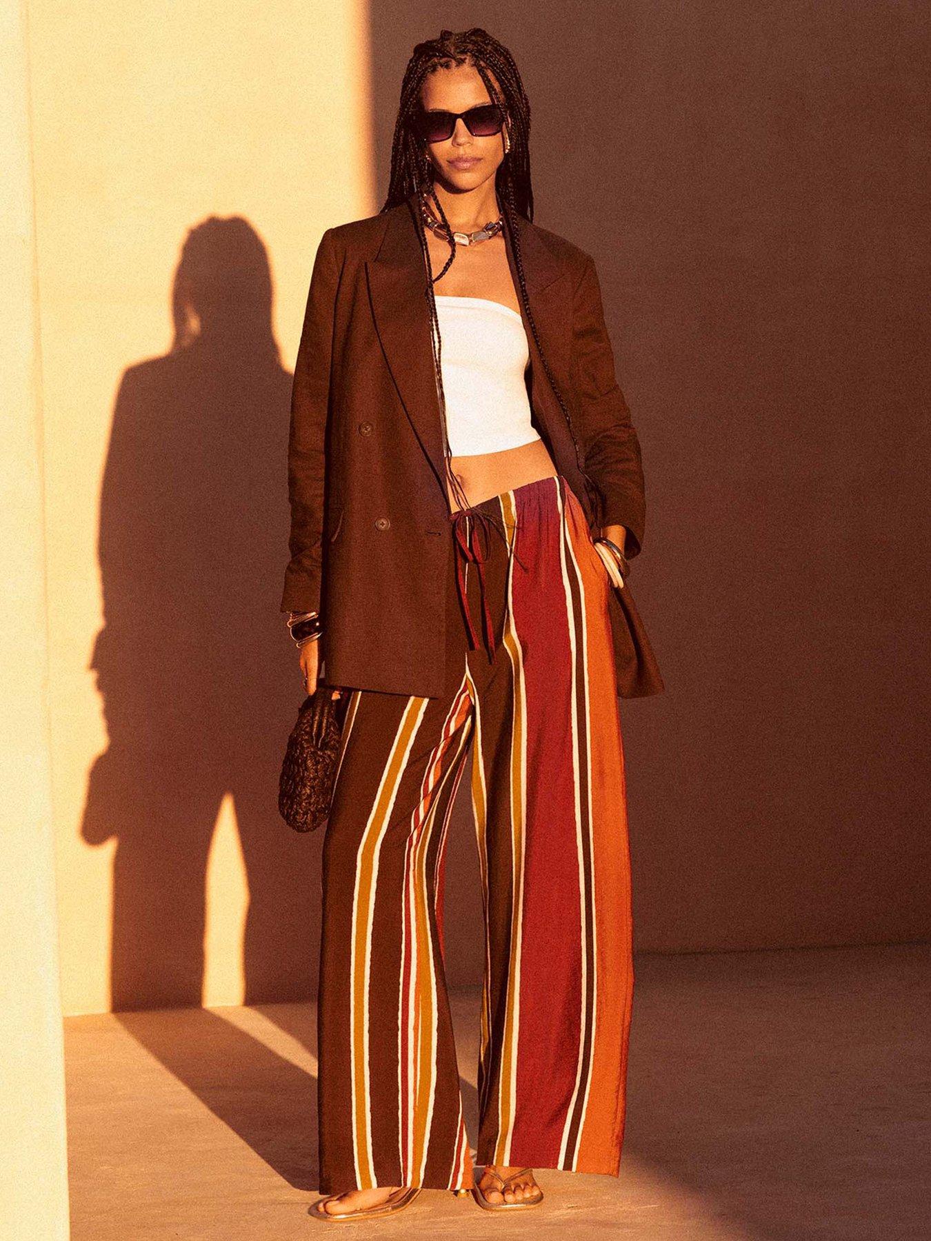 New Look Striped Drawstring Wide Leg Trousers - Brown