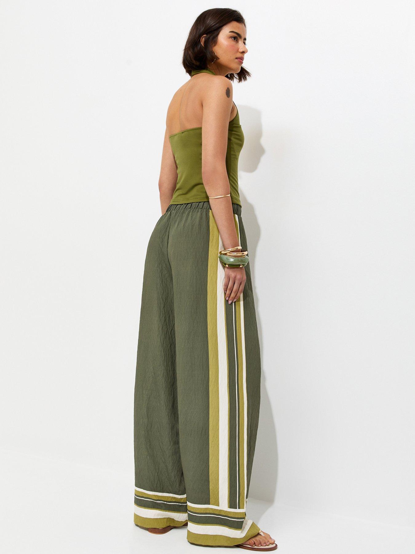 Image 2 of 6 of New Look Striped Trim Wide Leg Trousers - Green