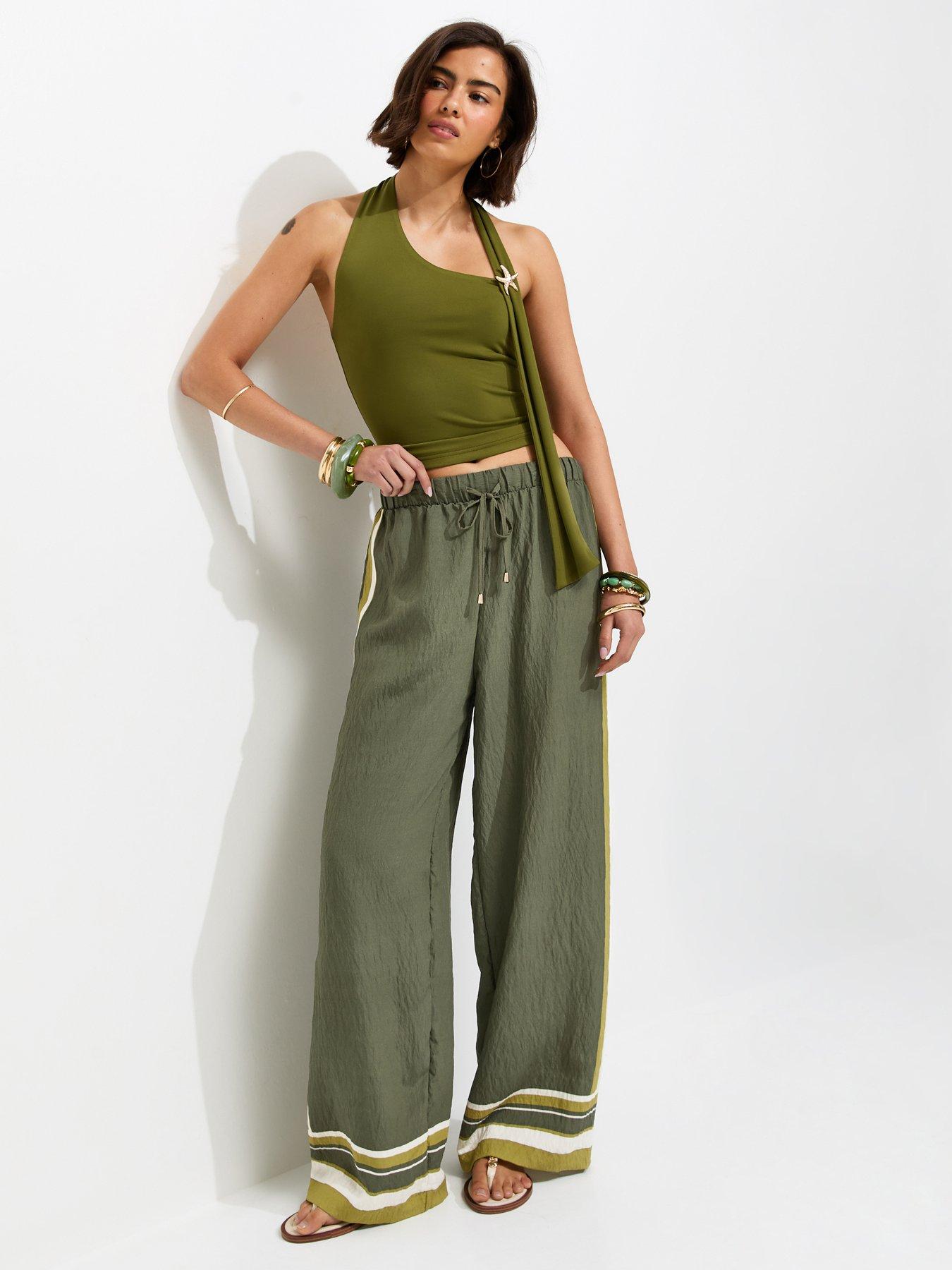 Image 3 of 6 of New Look Striped Trim Wide Leg Trousers - Green
