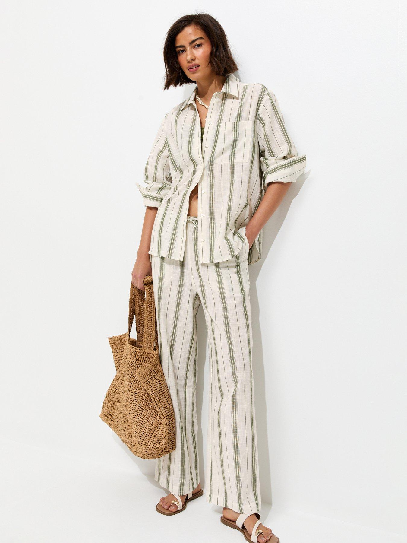 New Look Cotton Striped Wide Leg Trousers - White
