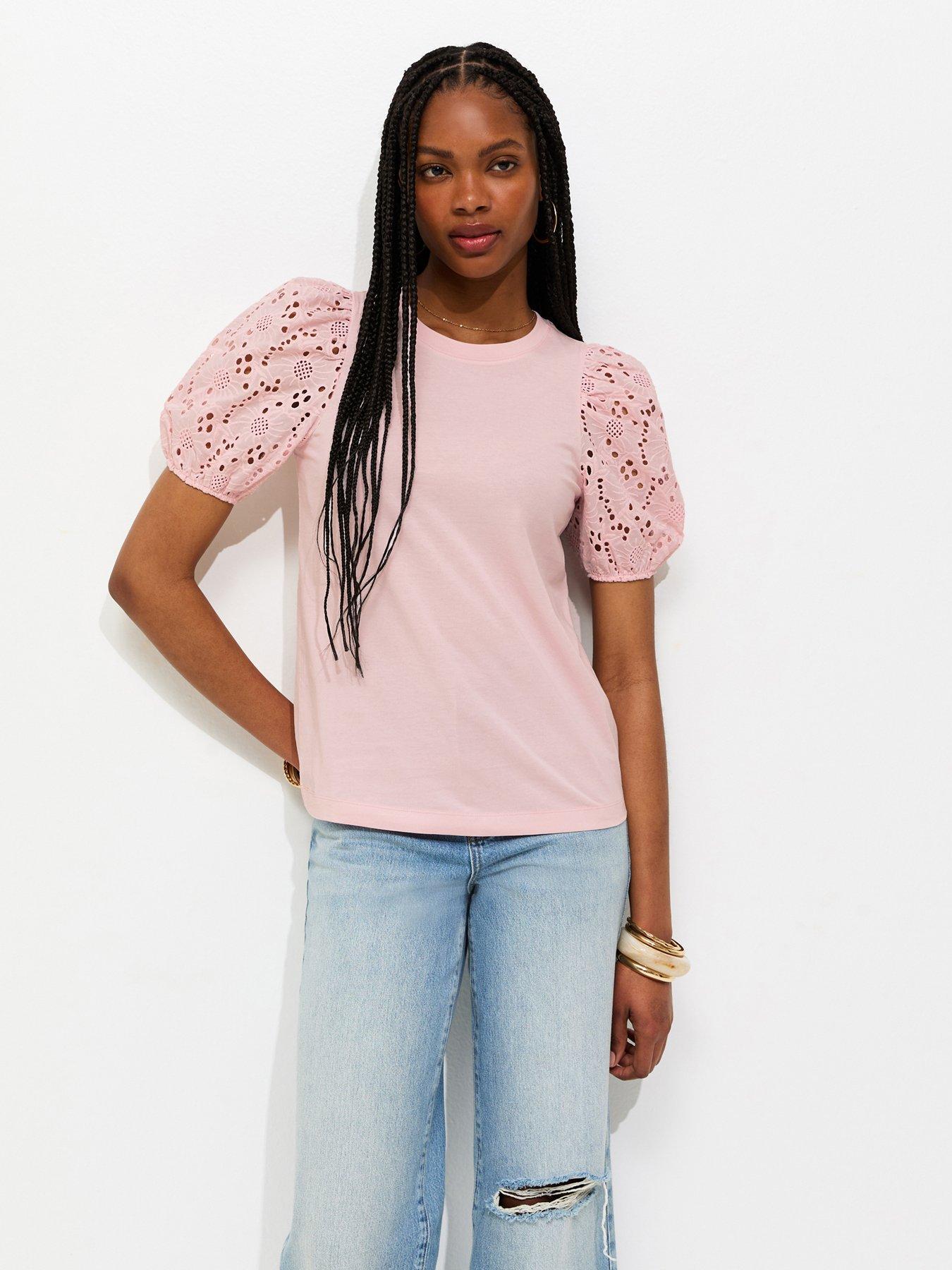 New Look Broderie Anglaise Puff Sleeve Top - Light Pink
