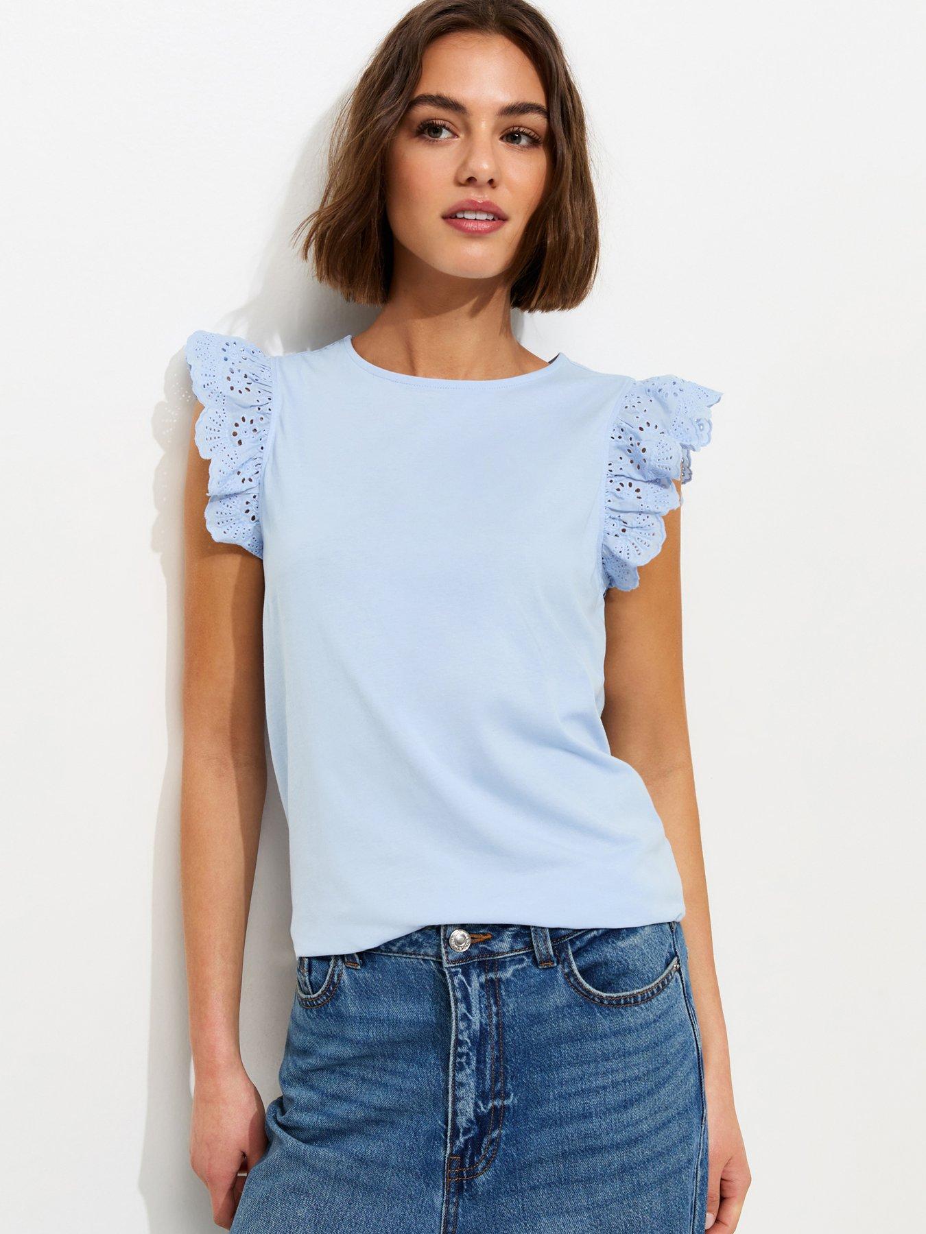 New Look Broderie Frill Sleeve Top - Light Blue