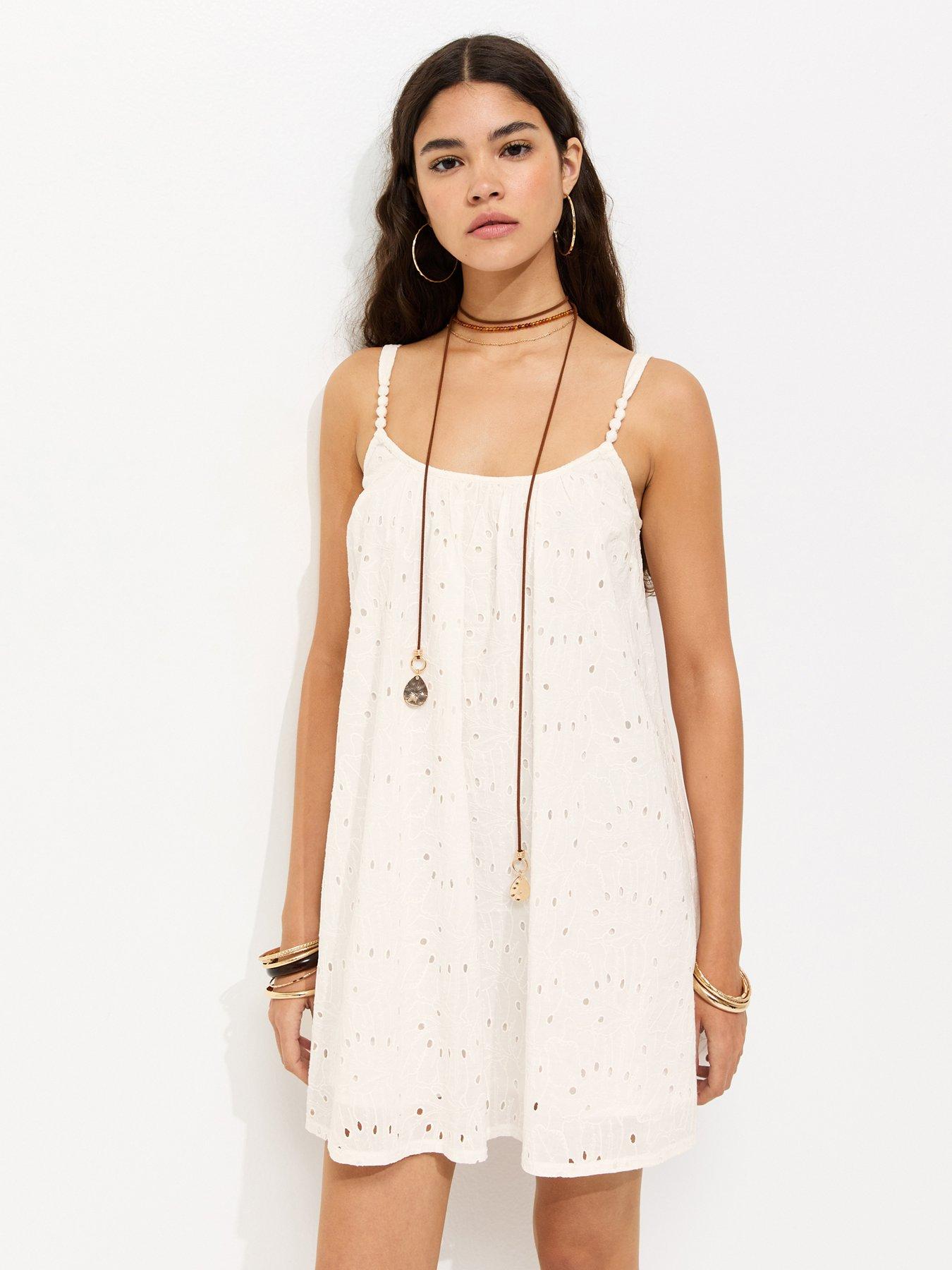 New Look Broderie Embroidered Beaded Strap Smock Mini Dress - White