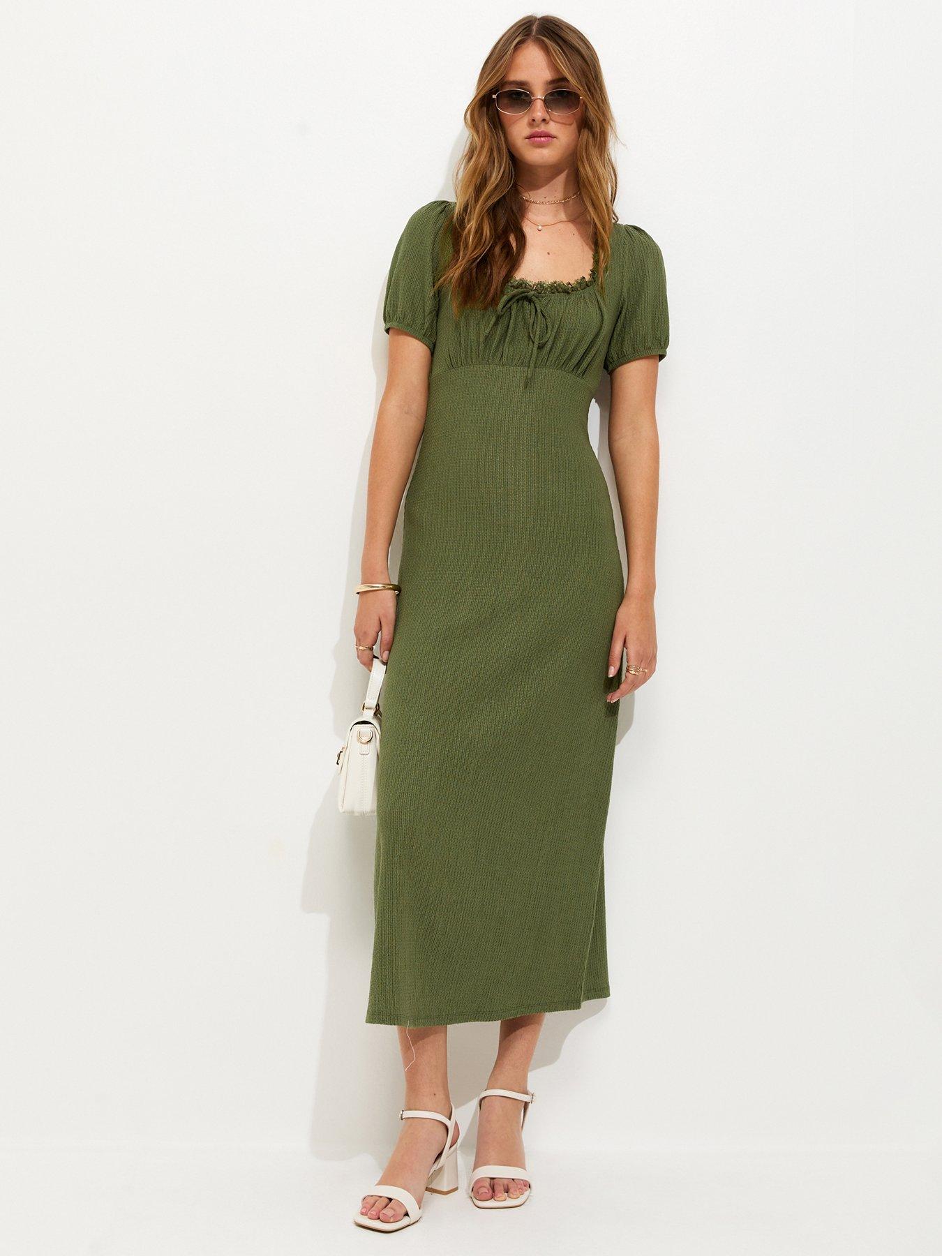 New Look Dark Khaki Crinkle Texture Short Sleeve Milkmaid Midi Dress