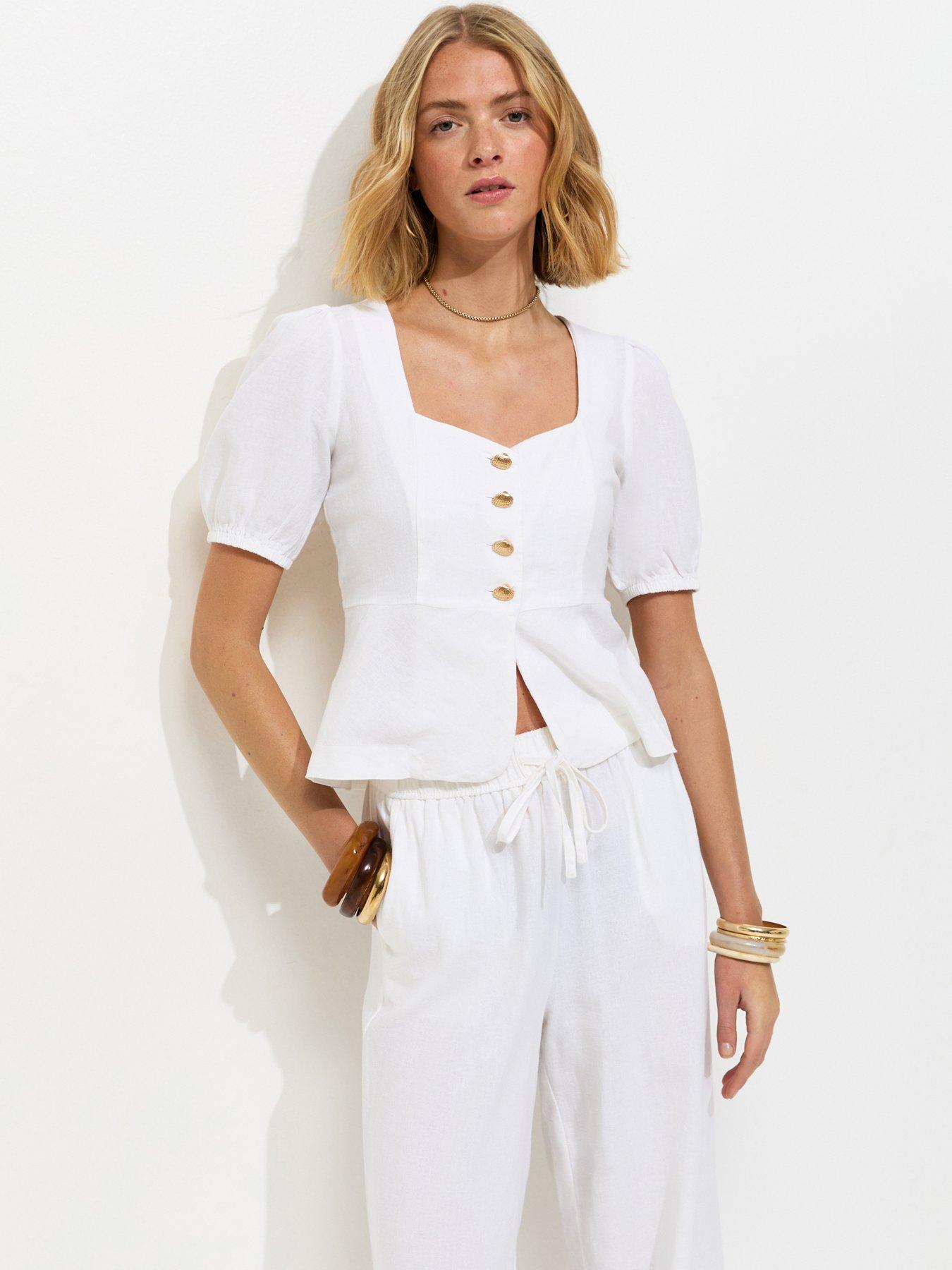 Image 1 of 5 of New Look Linen Rich Shell Button Peplum Top - White