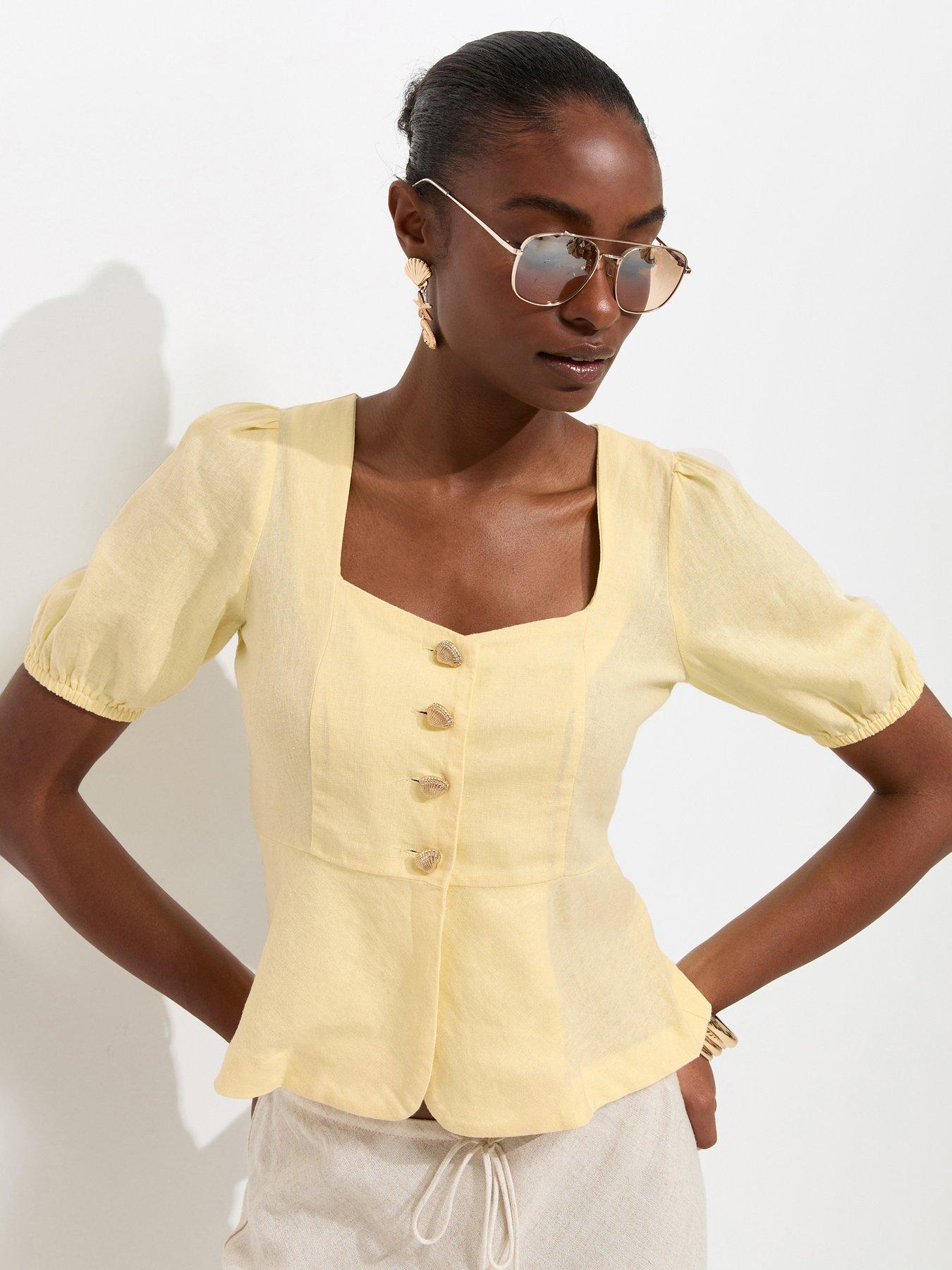 Image 1 of 4 of New Look Linen Rich Shell Button Peplum Top - Yellow