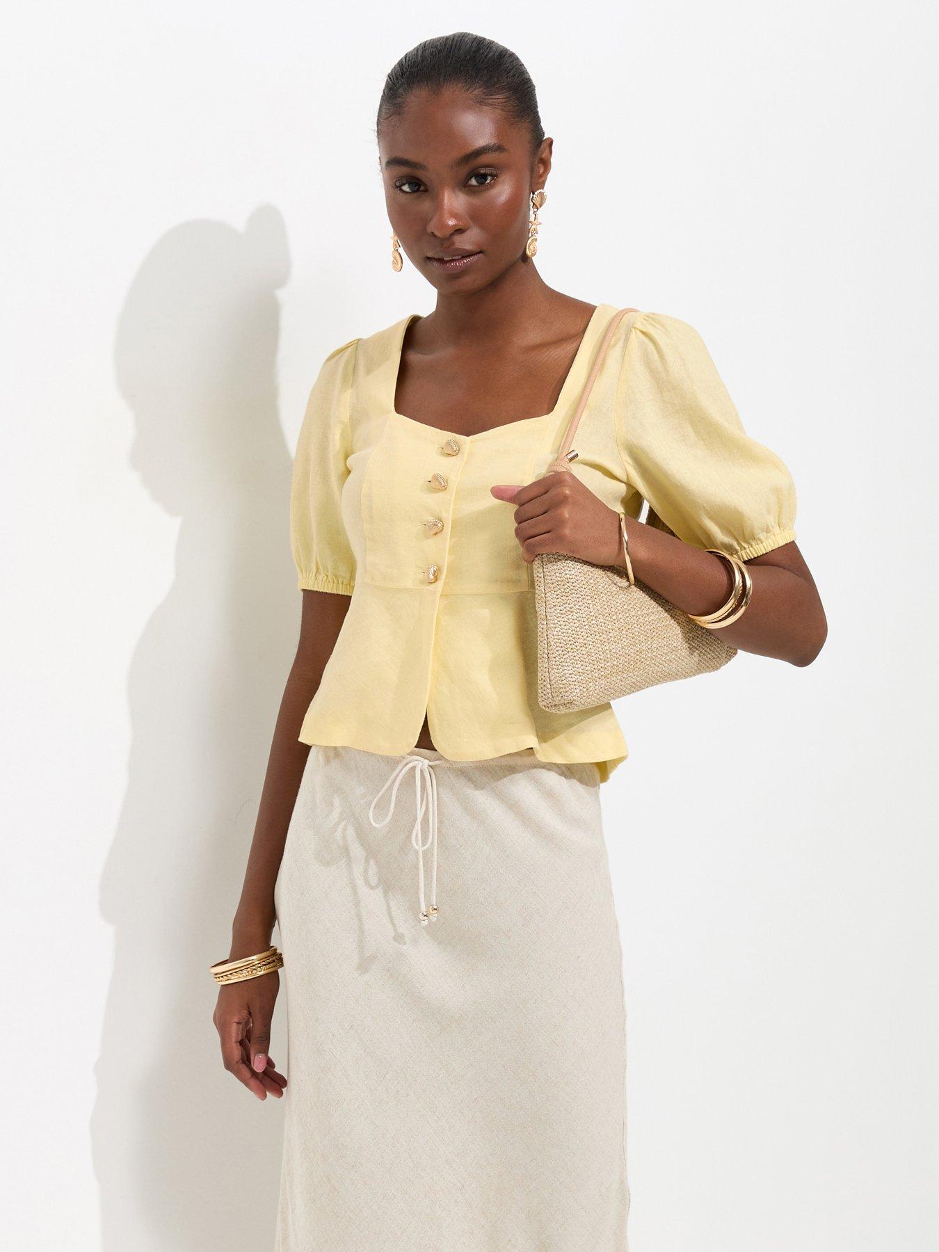 Image 4 of 4 of New Look Linen Rich Shell Button Peplum Top - Yellow