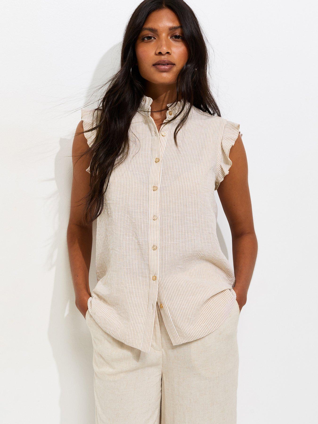 New Look Cotton Striped Sleeveless Frill Shirt - Cream