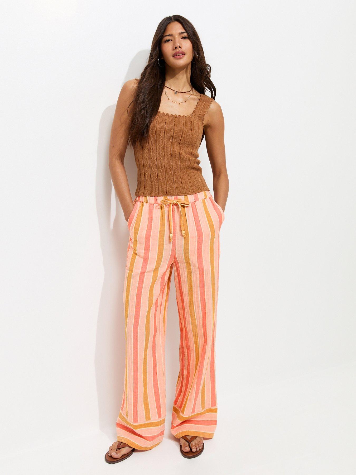 New Look Cotton Striped Wide Leg Trousers - Pink