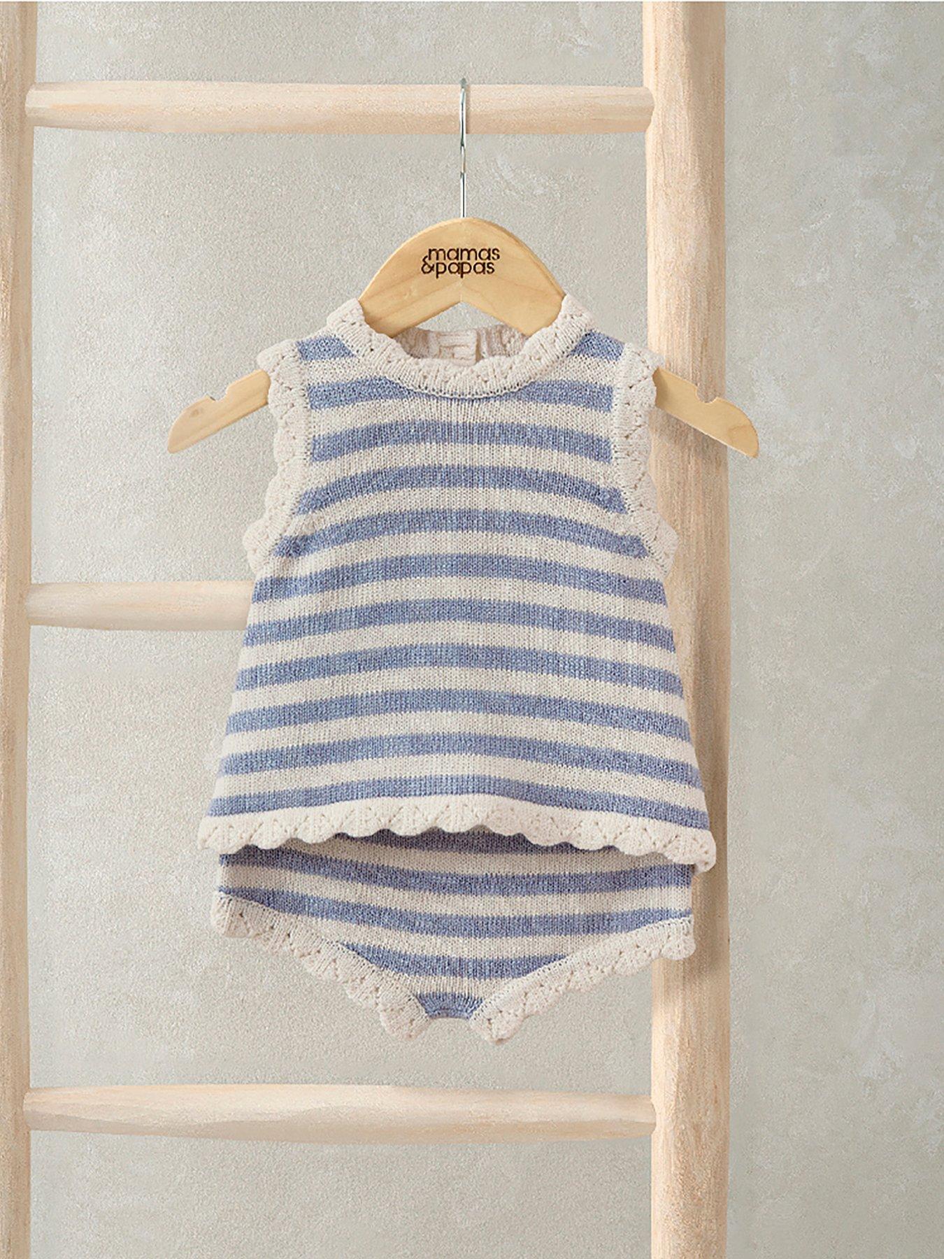 Mamas & Papas Baby Girls 2 Piece Stripe Scallop Edge Knit Top & Shorts Set - Blue