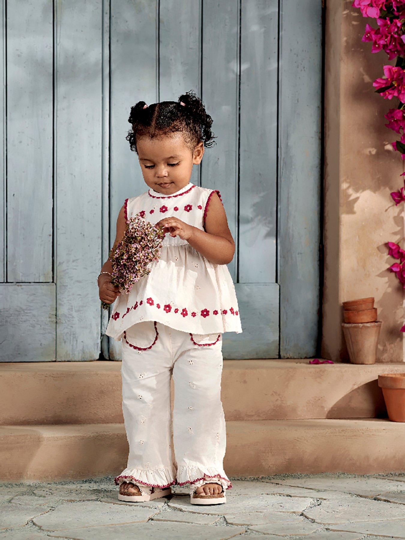 Mamas & Papas Baby Girls 2 Piece Embroidered Peplum Top & Trousers Set - Pink