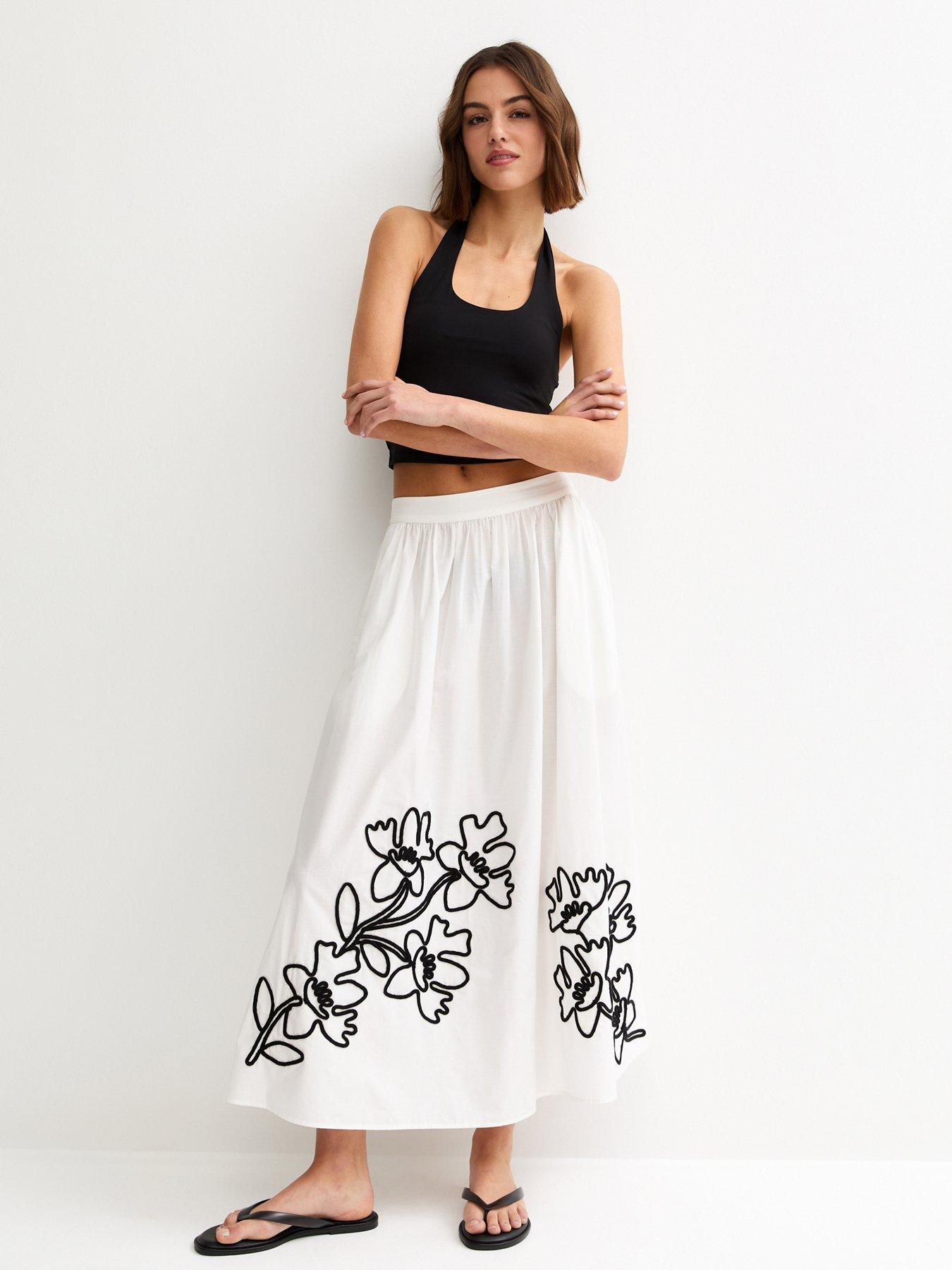 New Look Flower Embroidered Midi Skirt - Cream