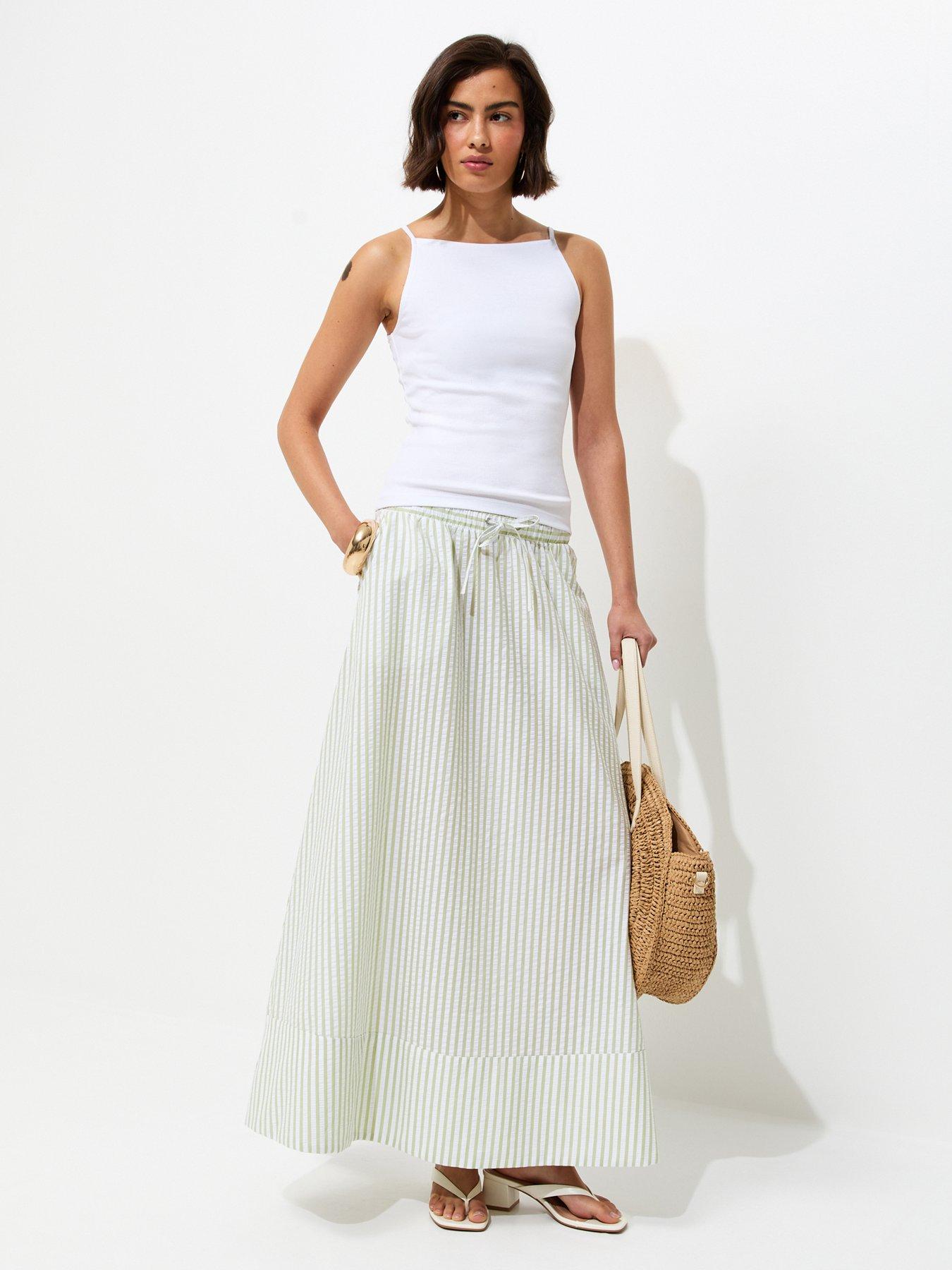 New Look Striped Cotton Seersucker Circle Maxi Skirt - Green
