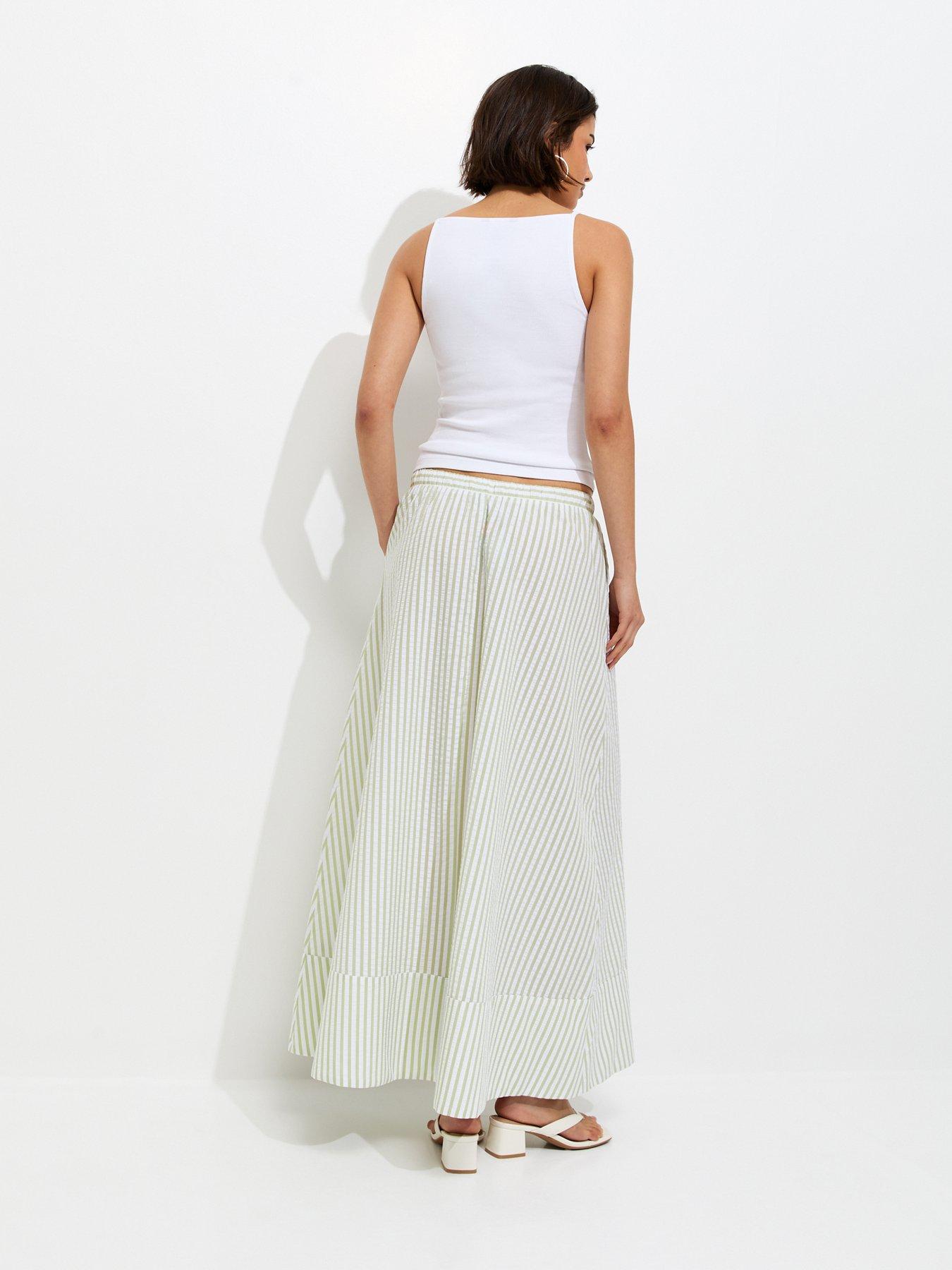 Image 2 of 6 of New Look Striped Cotton Seersucker Circle Maxi Skirt - Green
