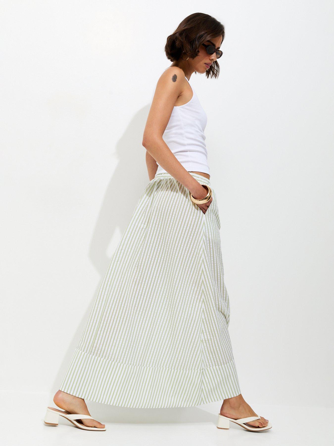Image 3 of 6 of New Look Striped Cotton Seersucker Circle Maxi Skirt - Green