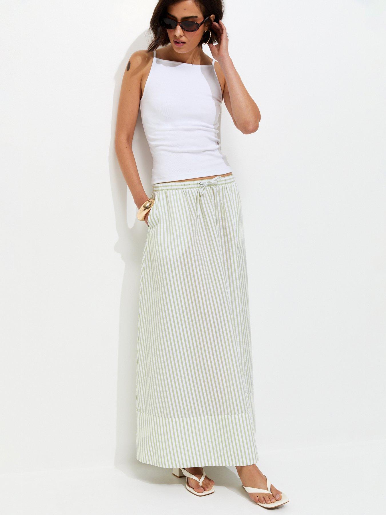 Image 6 of 6 of New Look Striped Cotton Seersucker Circle Maxi Skirt - Green