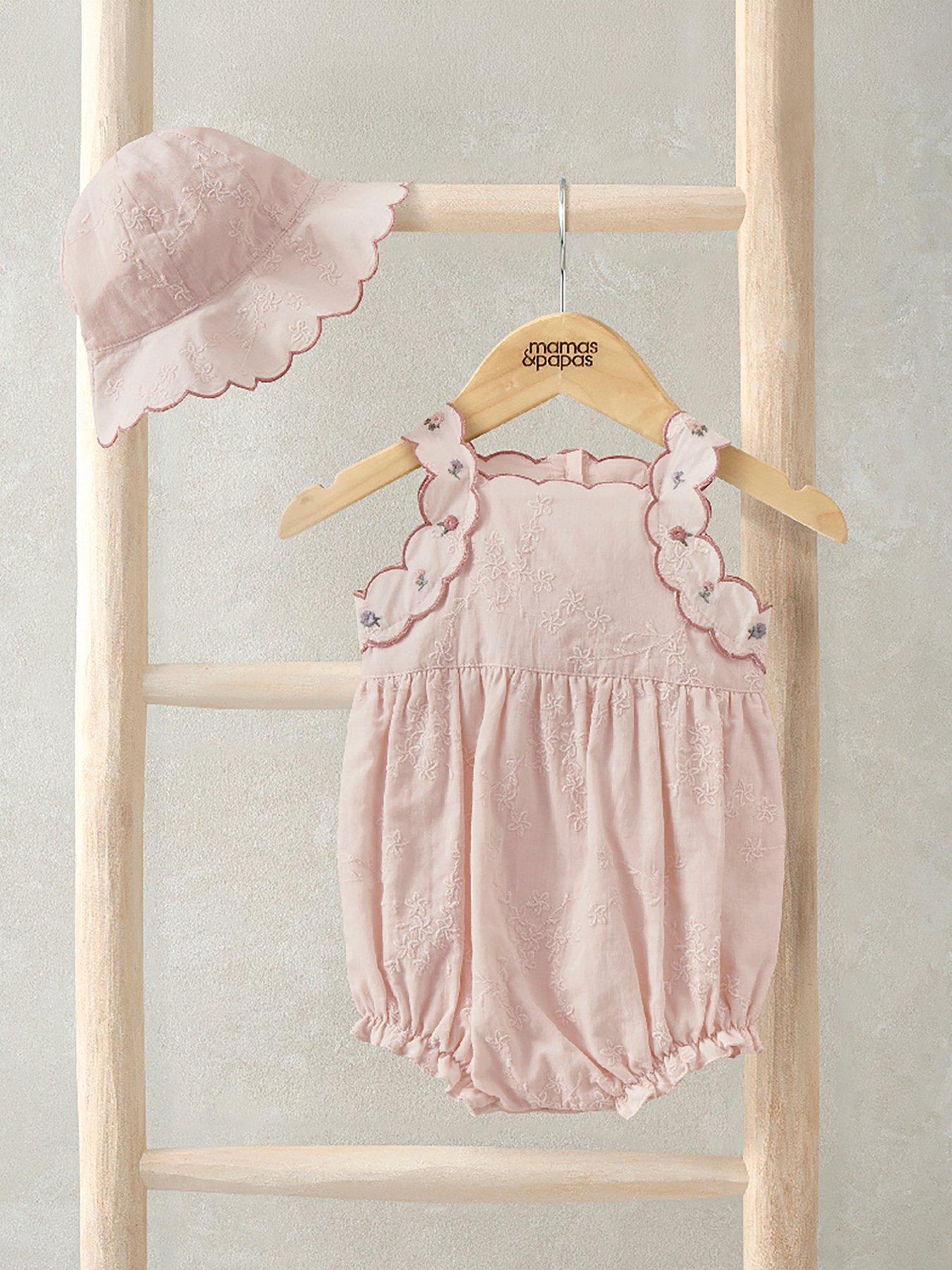 Mamas & Papas Baby Girls Floral Embroidered Romper With Matching Sun Hat - Pink