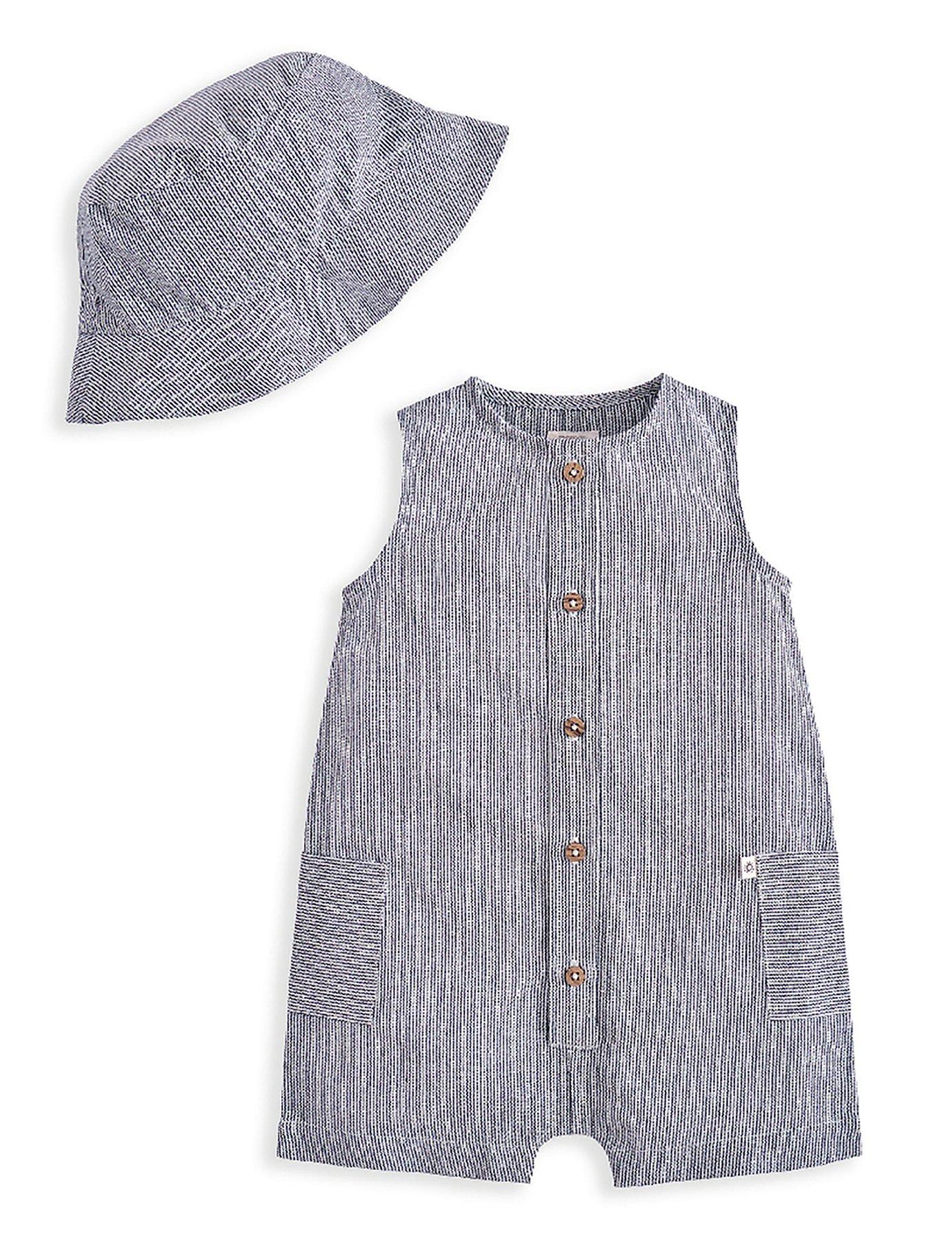 Image 2 of 4 of Mamas & Papas Baby Boys Stripe Shortie Romper & Hat - Blue