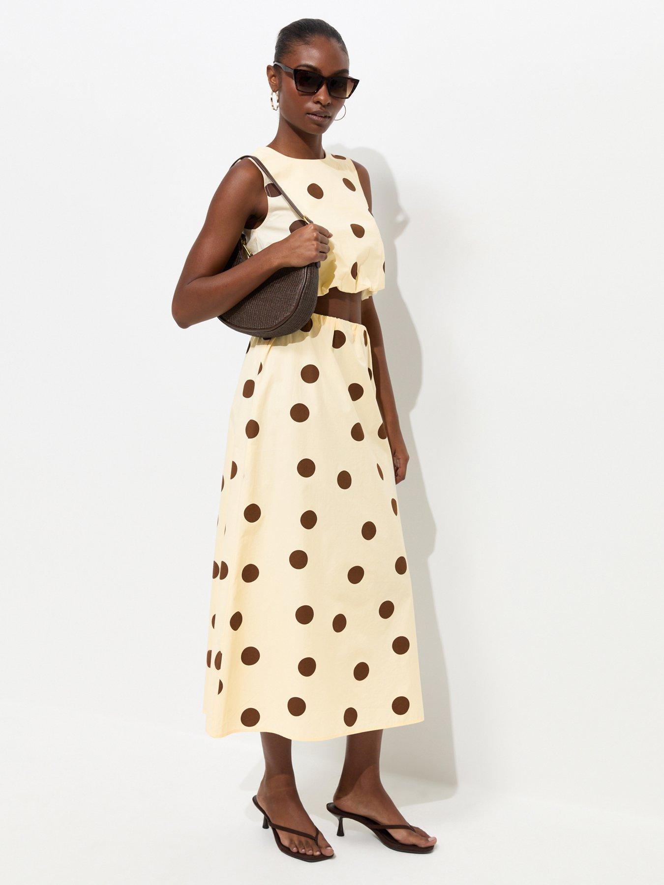 New Look Cotton Large Spot Print Circle Skirt - Cream