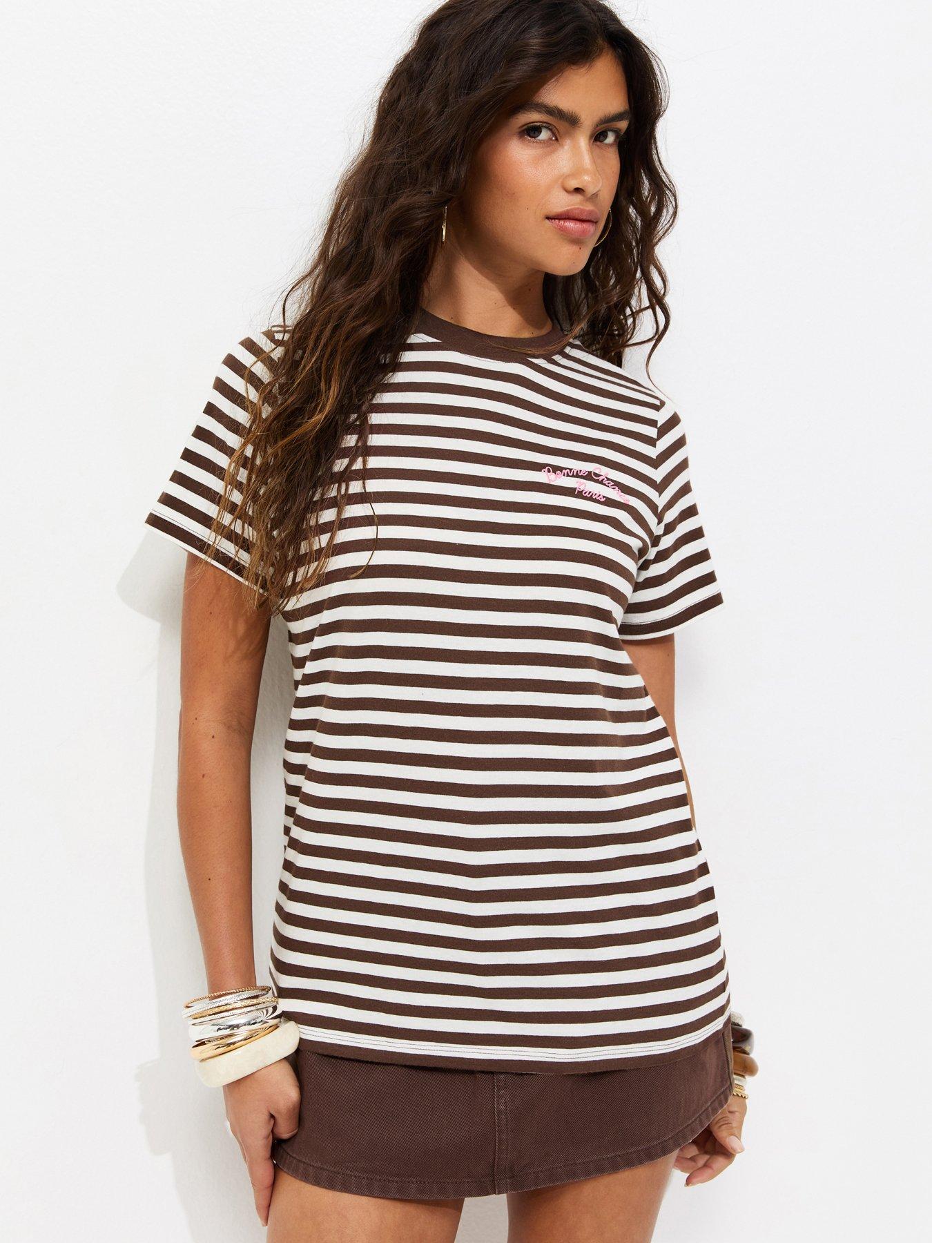 New Look Striped Bonne Chance Embroidered T-Shirt - Brown