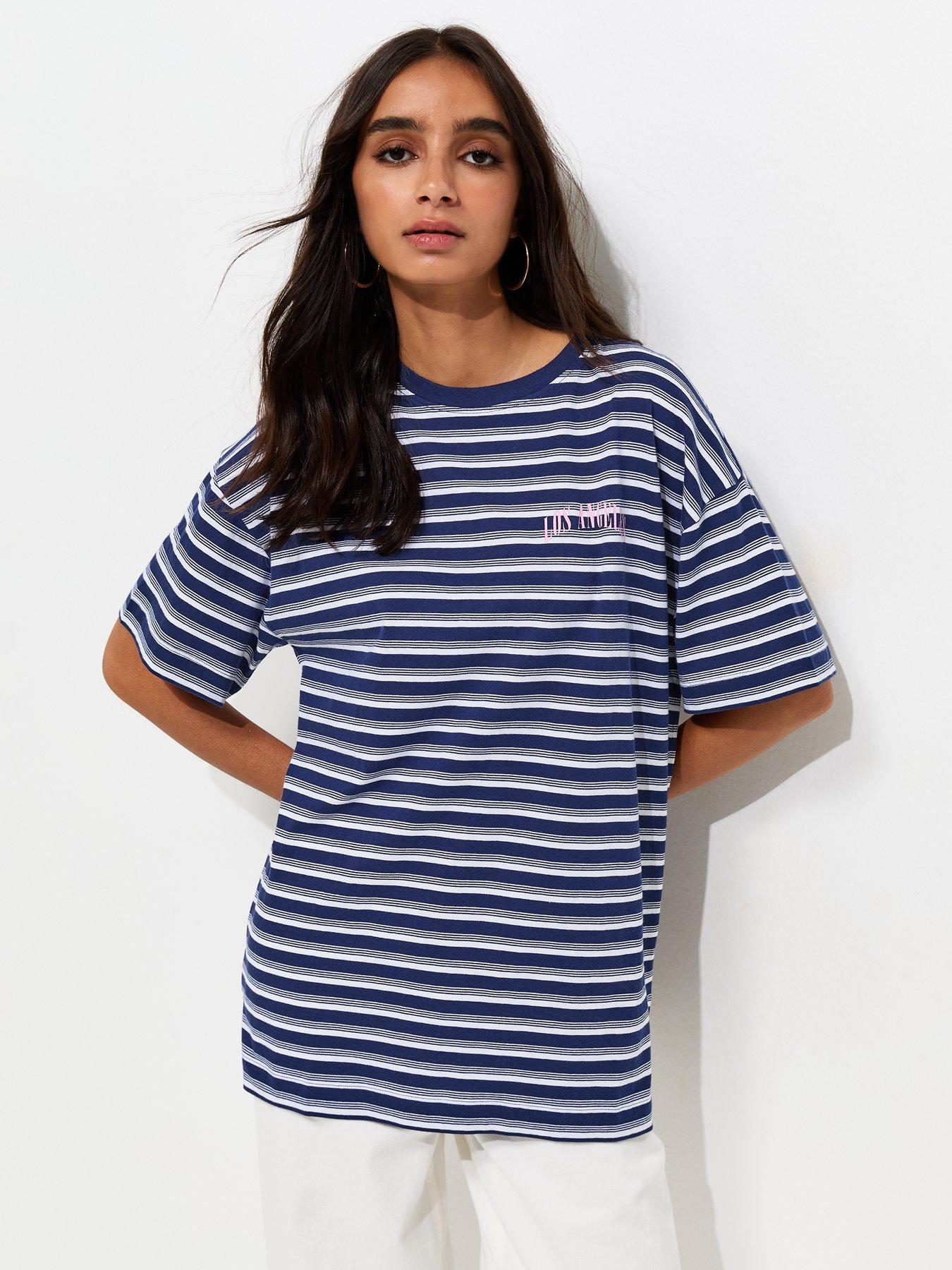 New Look Cotton Striped Los Angeles Logo Oversized T-Shirt - Blue