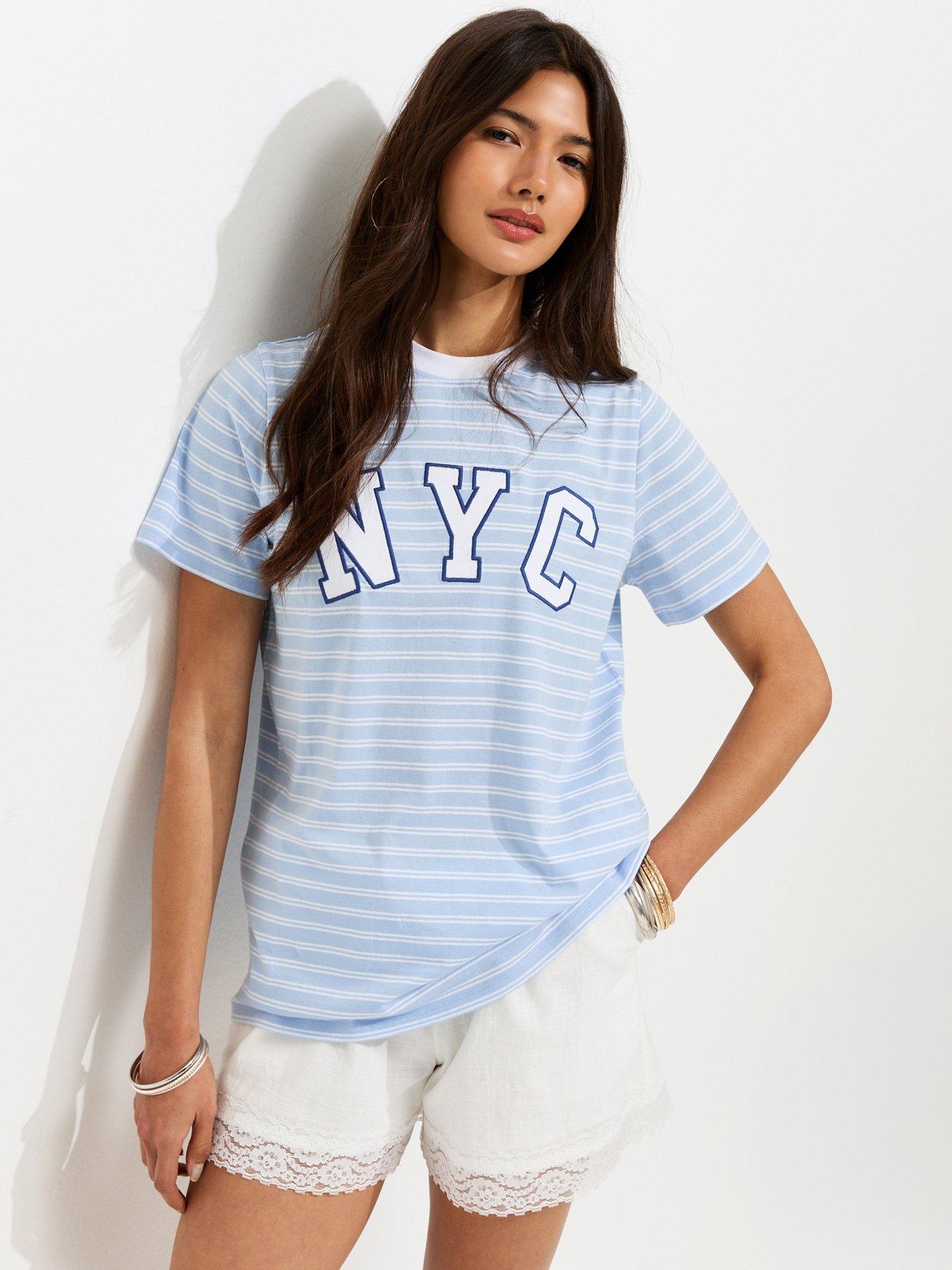 Image 1 of 5 of New Look Cotton Striped Nyc Relaxed Fit T-Shirt - Blue