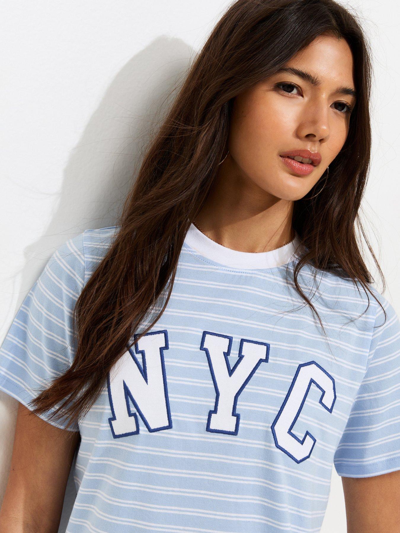 Image 4 of 5 of New Look Cotton Striped Nyc Relaxed Fit T-Shirt - Blue