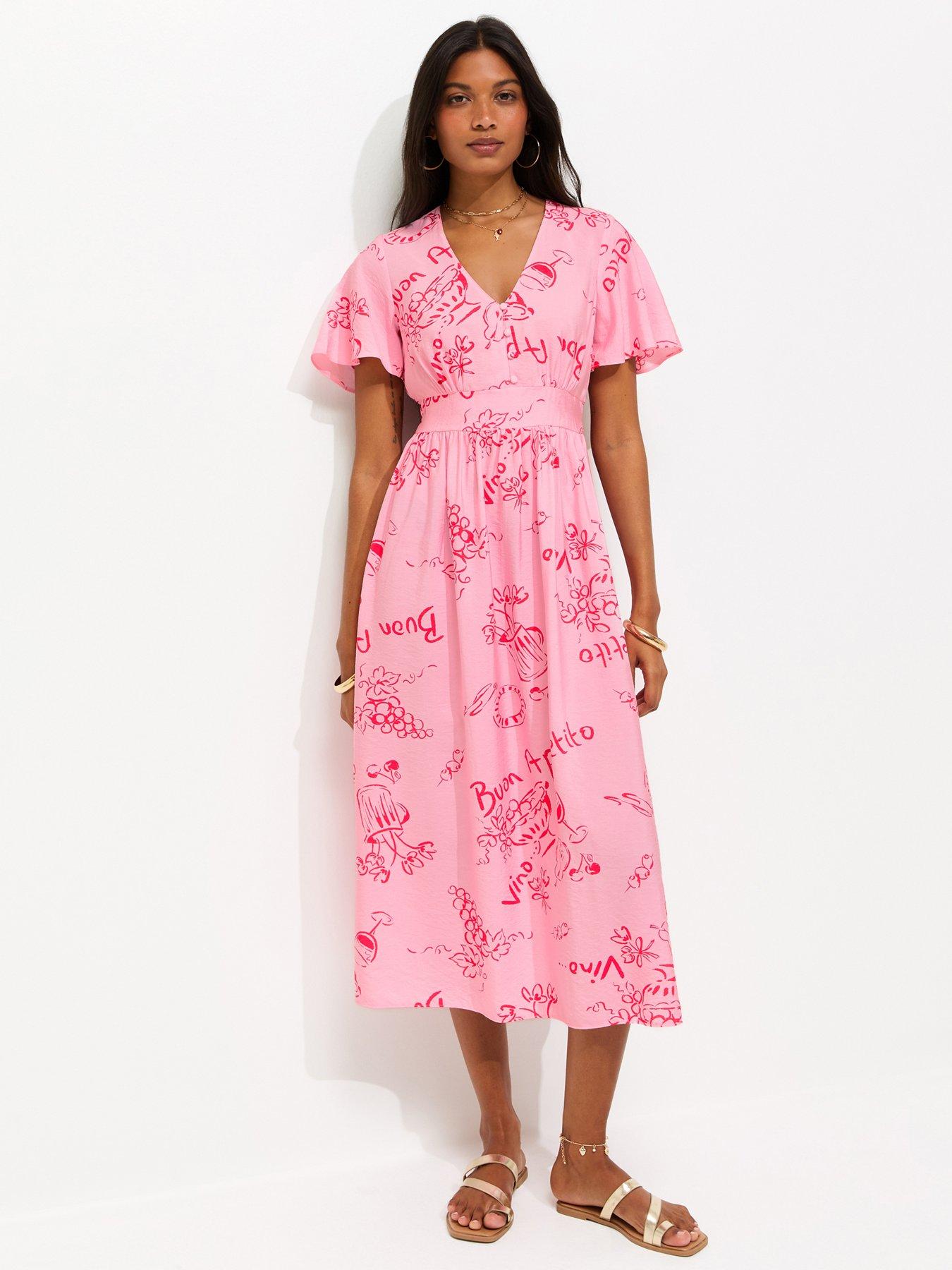 New Look Vino Print Flutter Sleeve Midi Dress - Pink