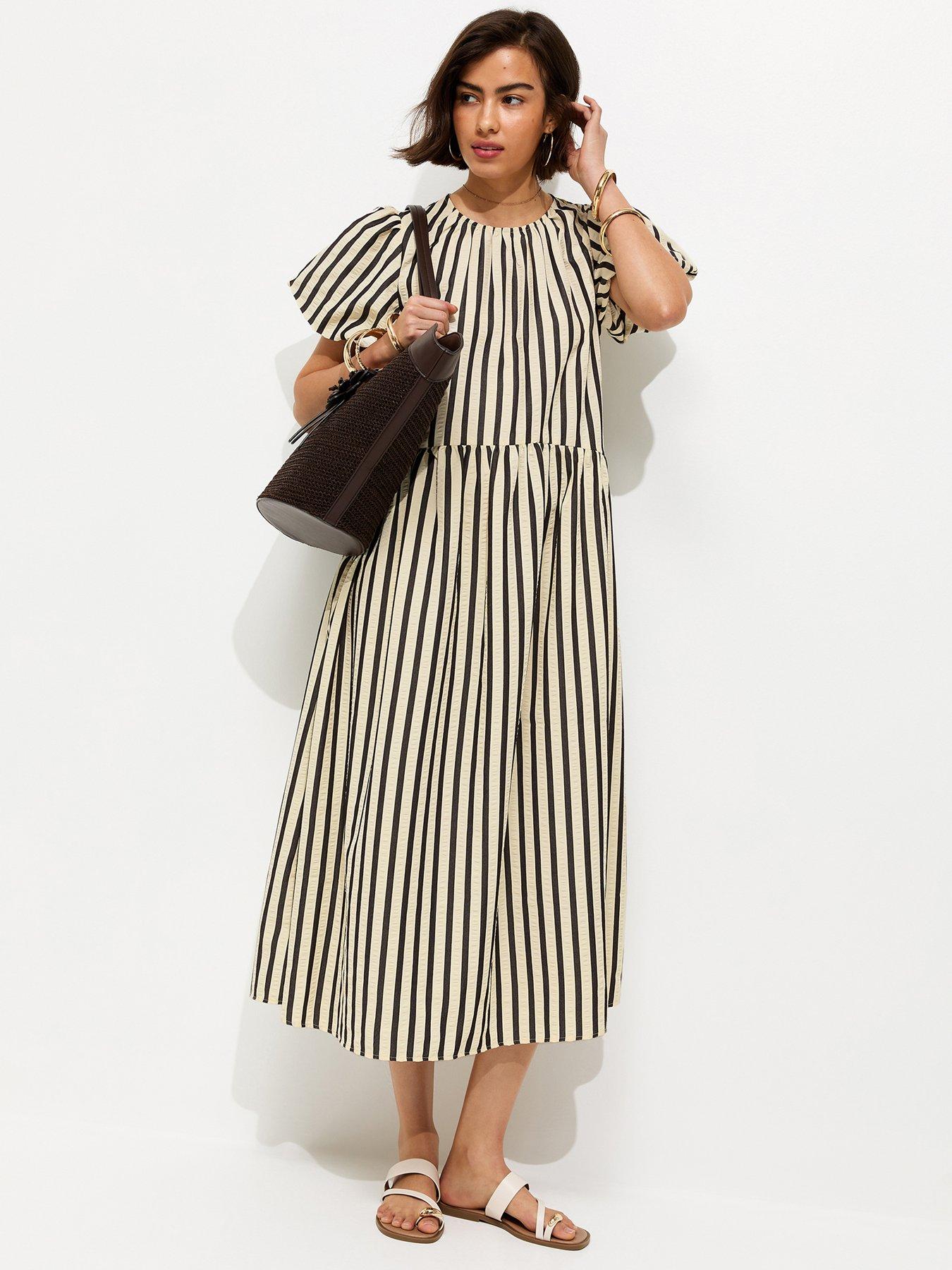 New Look Striped Drop Waist Puff Sleeve Midi Dress - Black