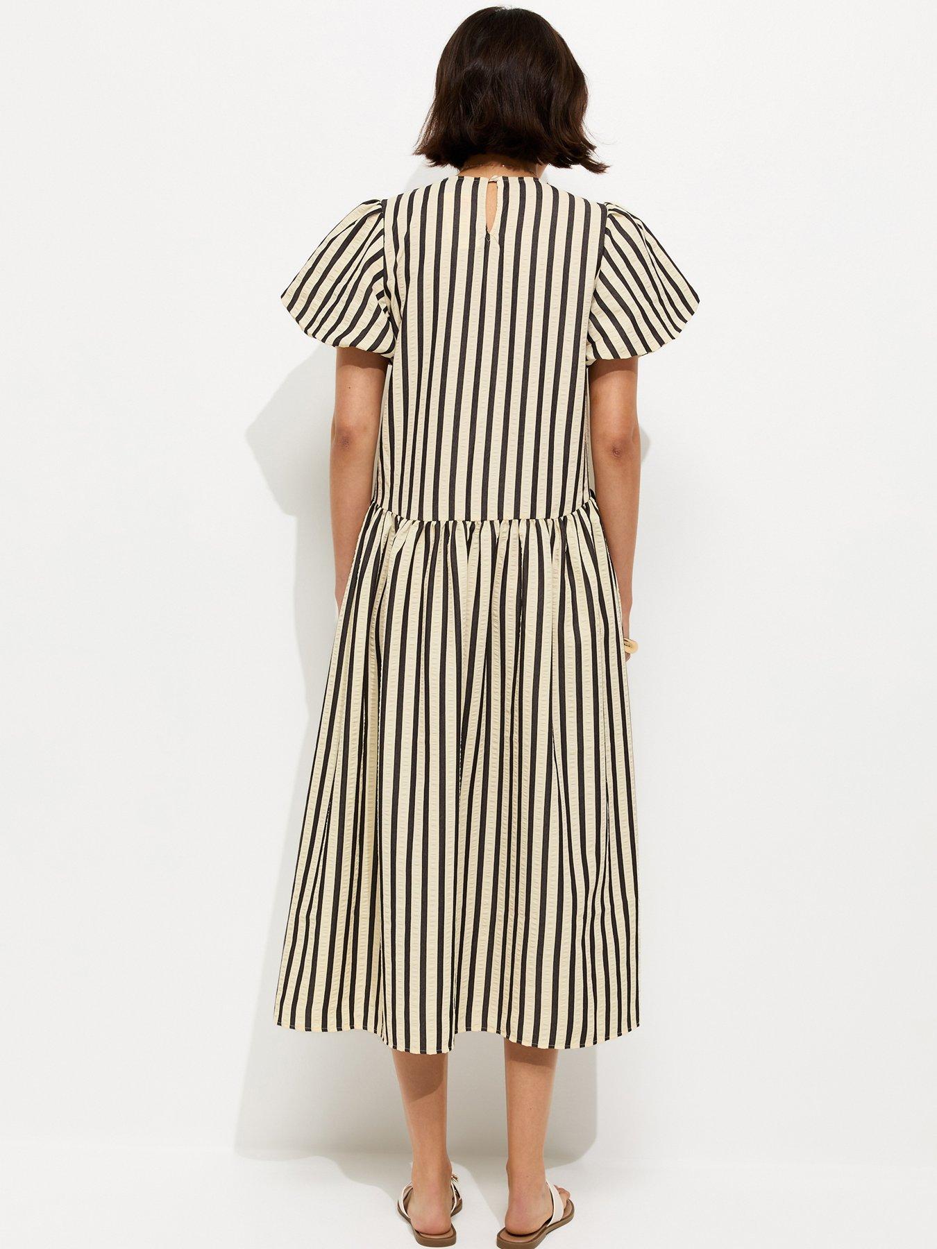 Image 2 of 5 of New Look Striped Drop Waist Puff Sleeve Midi Dress - Black