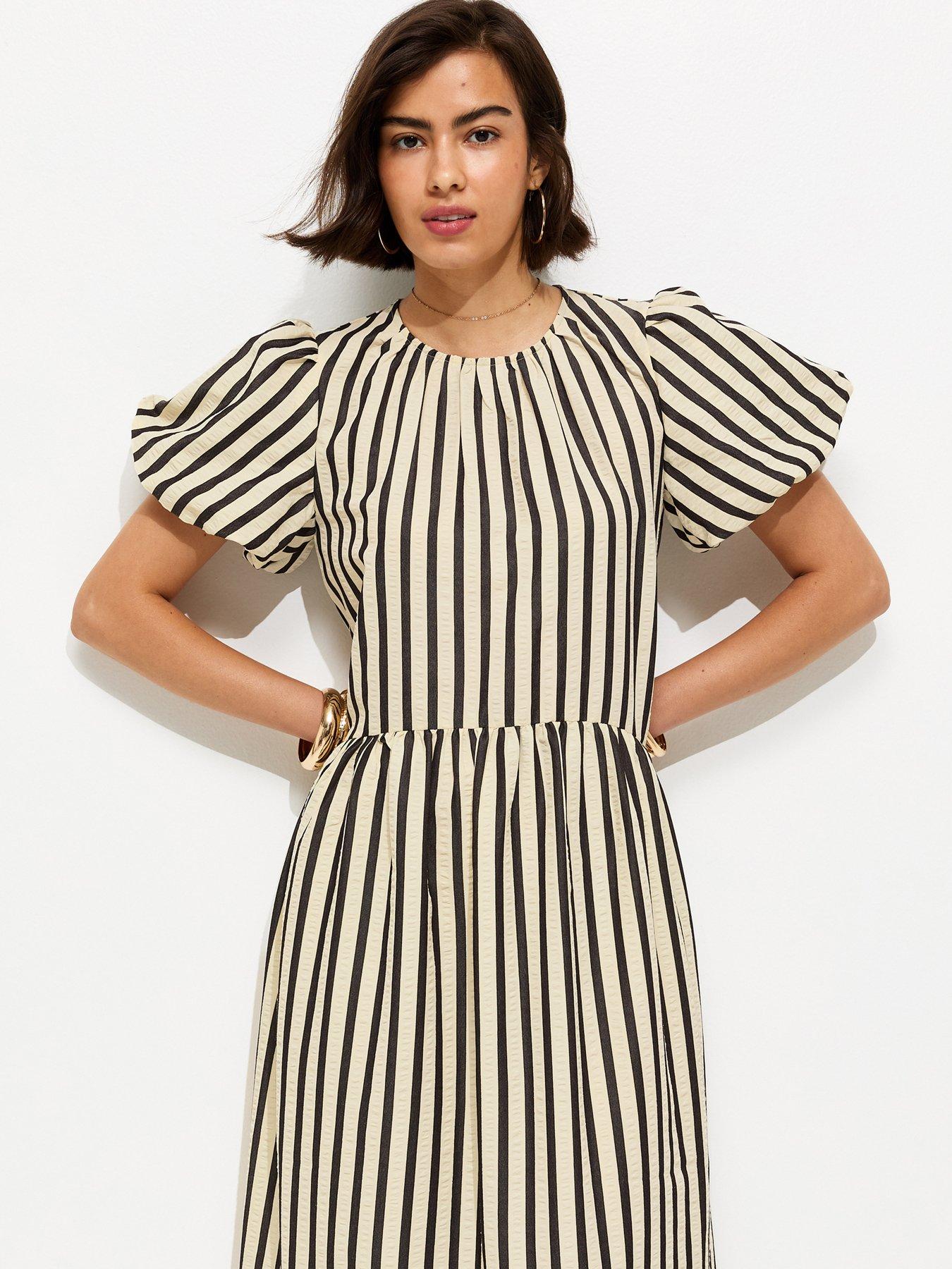 Image 3 of 5 of New Look Striped Drop Waist Puff Sleeve Midi Dress - Black