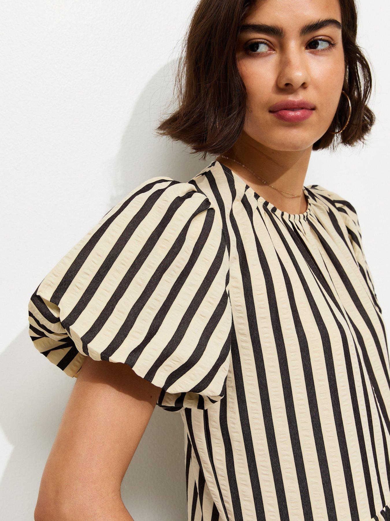 Image 4 of 5 of New Look Striped Drop Waist Puff Sleeve Midi Dress - Black