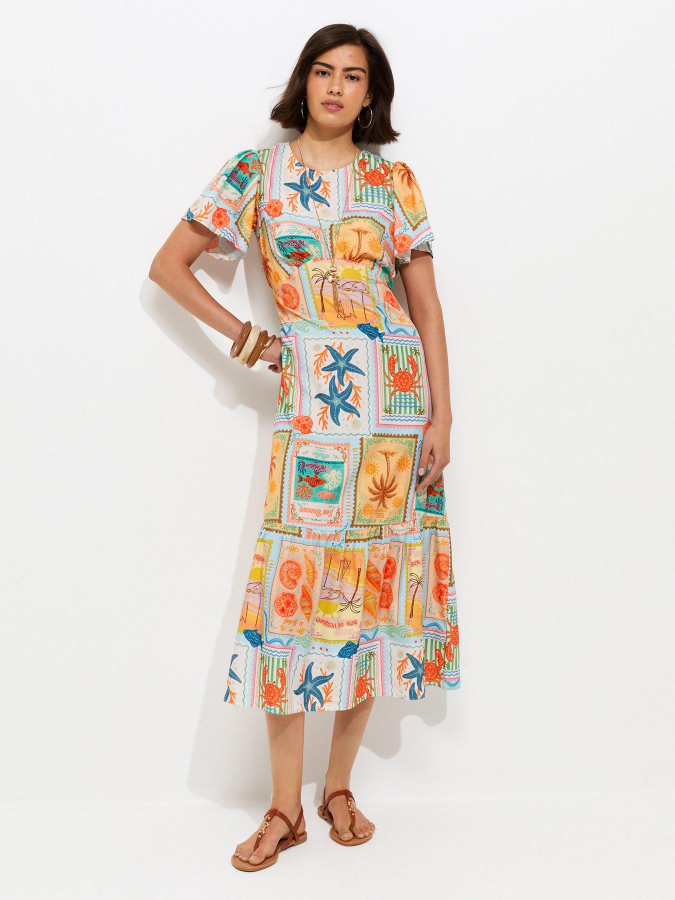 Image 1 of 7 of New Look Seaside Print Crepe Midi Dress - Multi