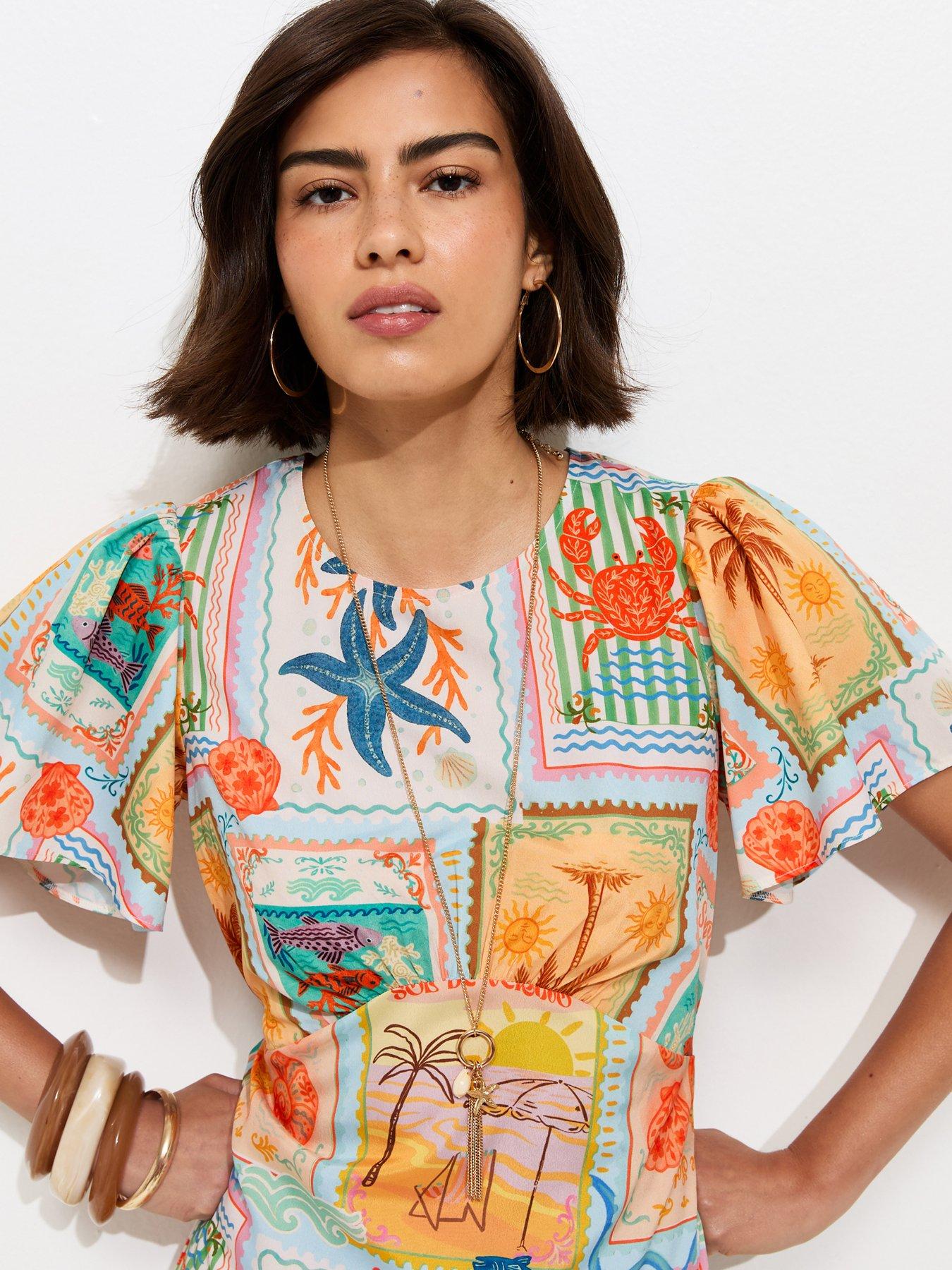 Image 4 of 7 of New Look Seaside Print Crepe Midi Dress - Multi