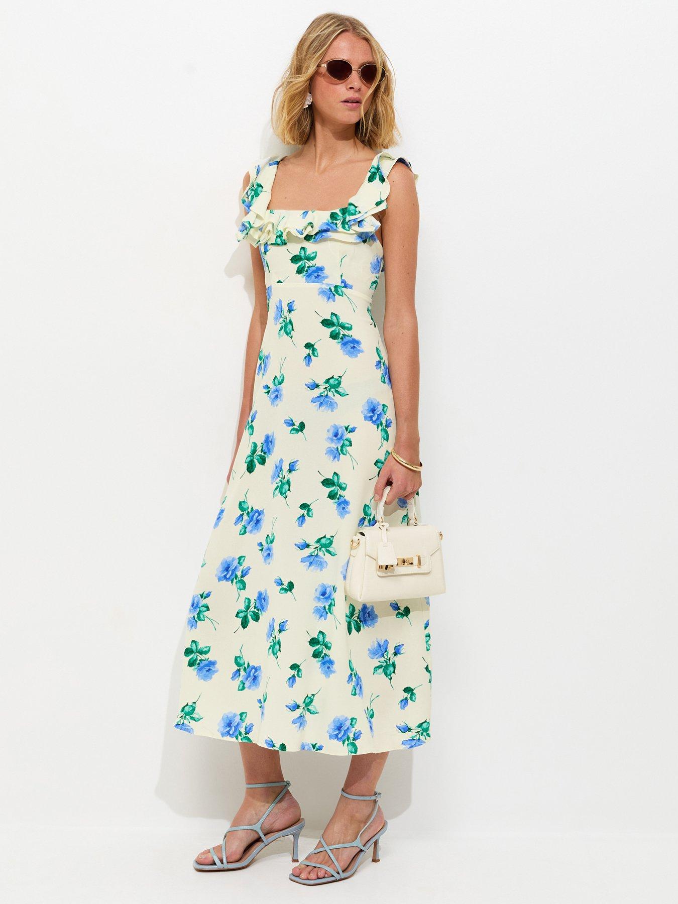 New Look Floral Ruffled Square Neck Midi Dress - Cream