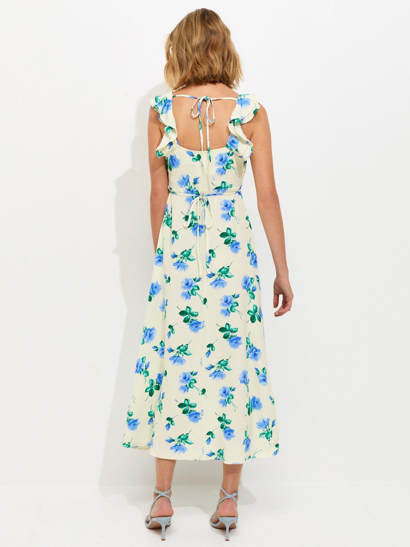 New Look Floral Ruffled Square Neck Midi Dress - Cream | Littlewoods