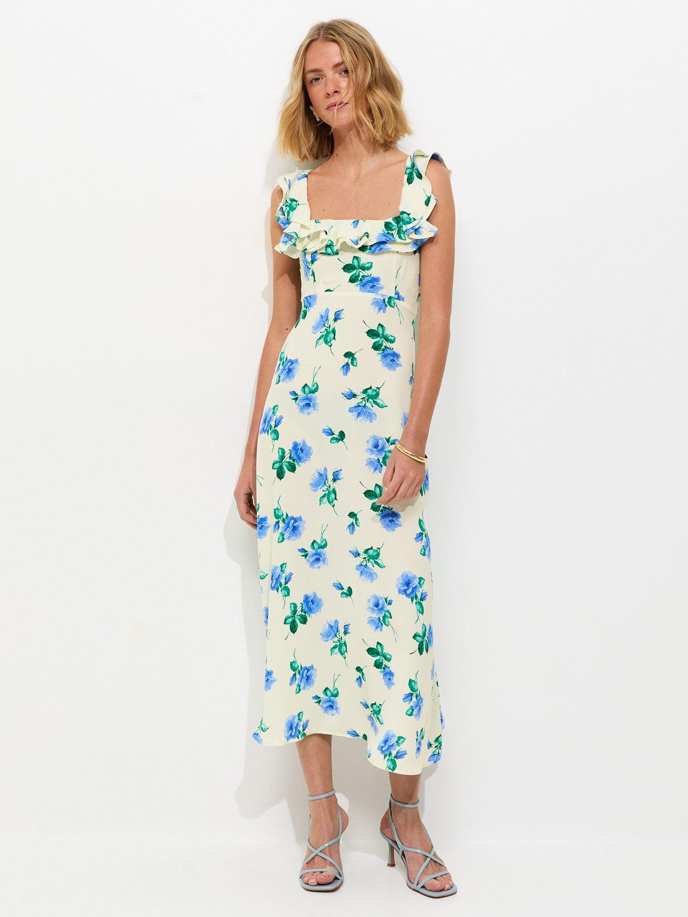 New Look Floral Ruffled Square Neck Midi Dress - Cream | Littlewoods